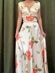 1940s Satin Floral Dress - S/M