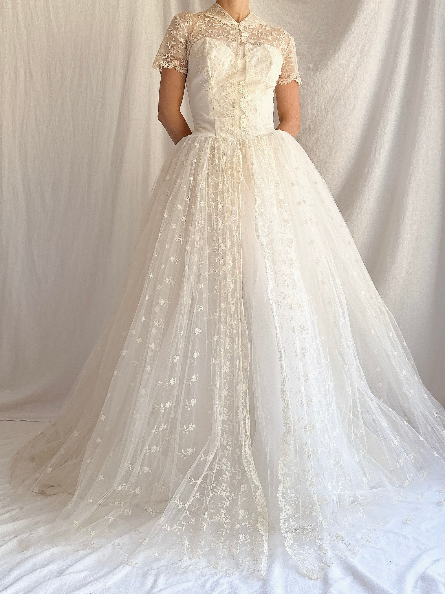 1950s Embroidered Tulle Dress - XS