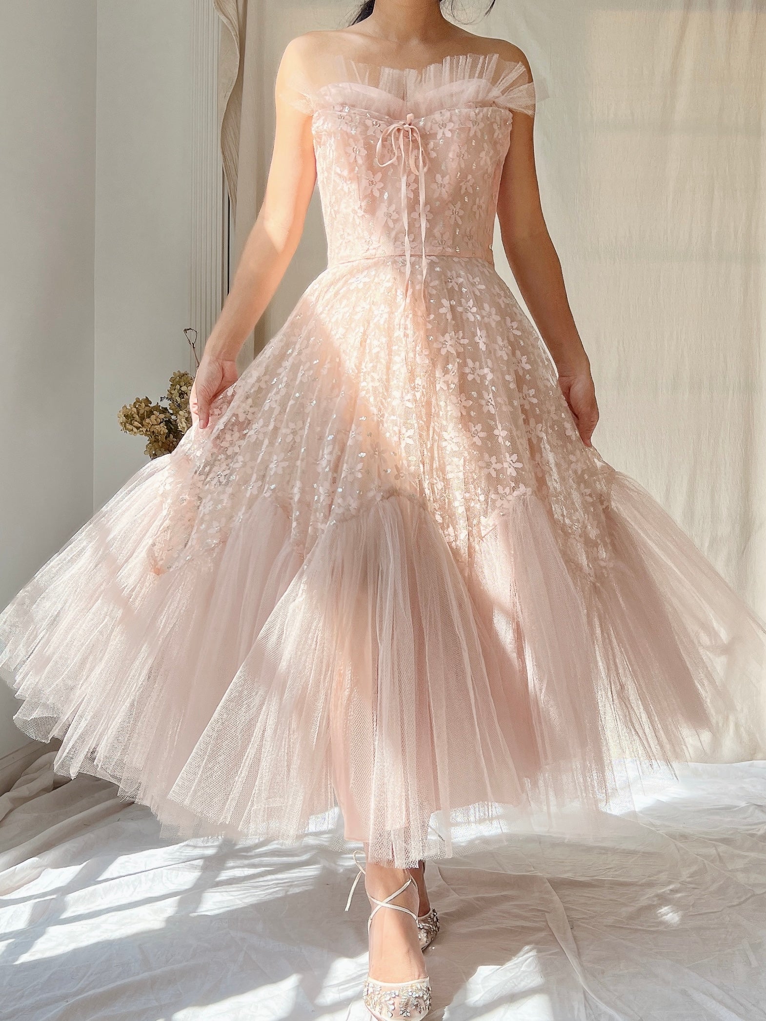 1950s Dusty Pink Tulle and Lace Dress - XS