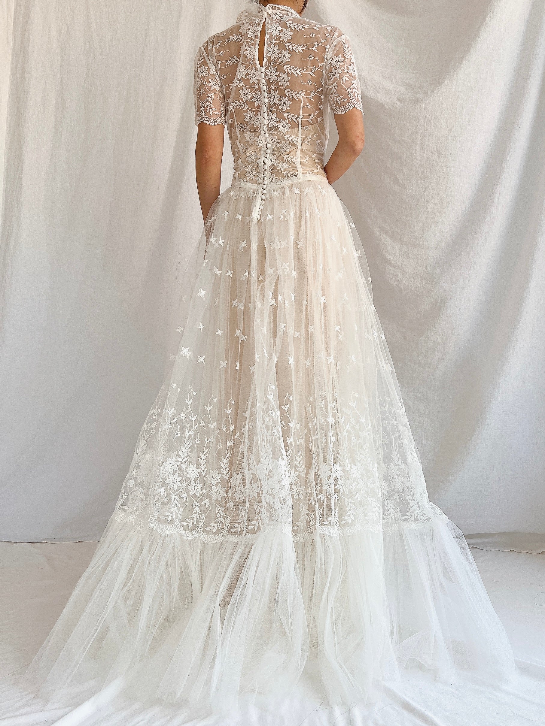 1950s Sheer Embroidered Tulle Gown - S