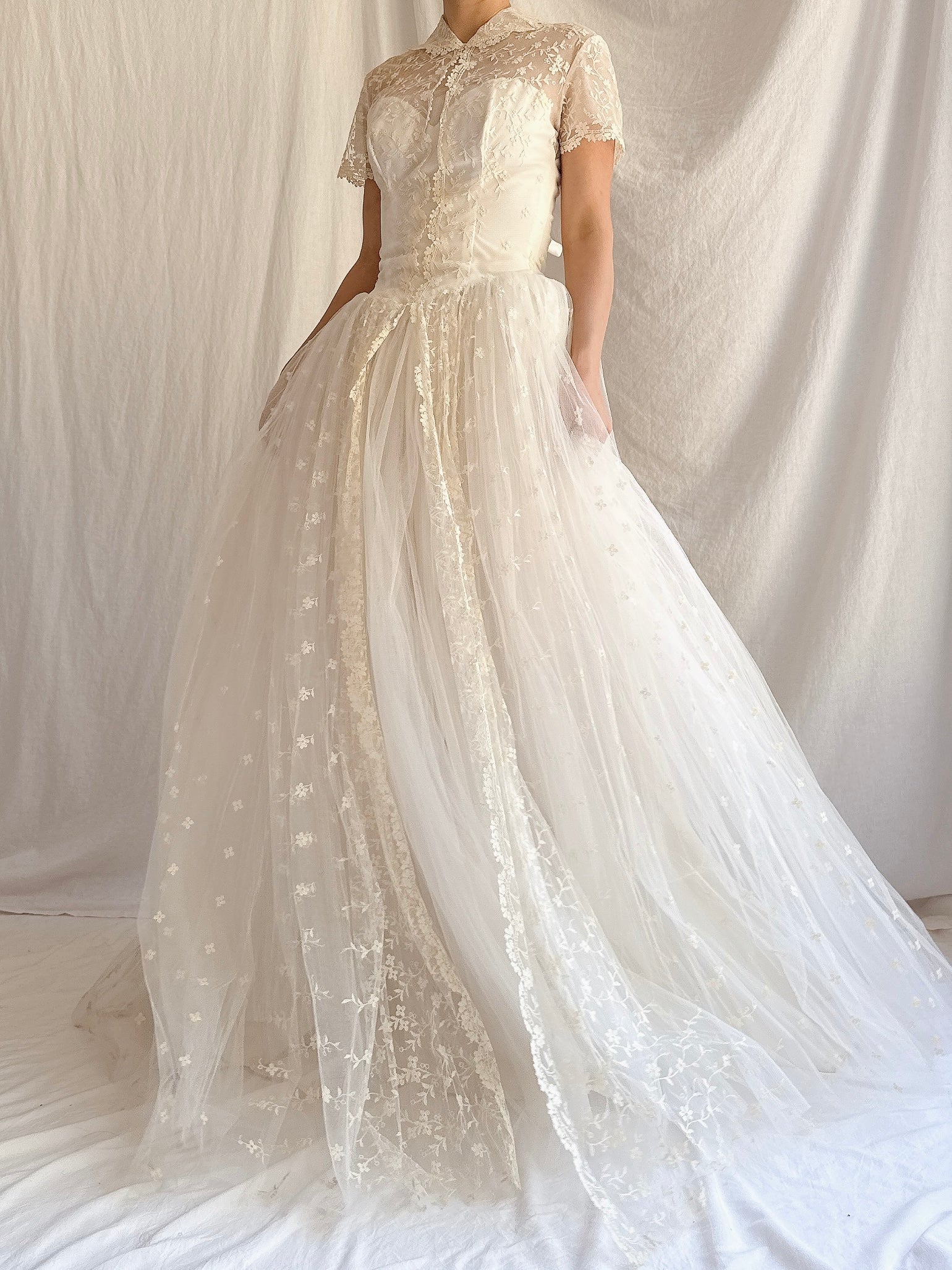 1950s Embroidered Tulle Dress - XS