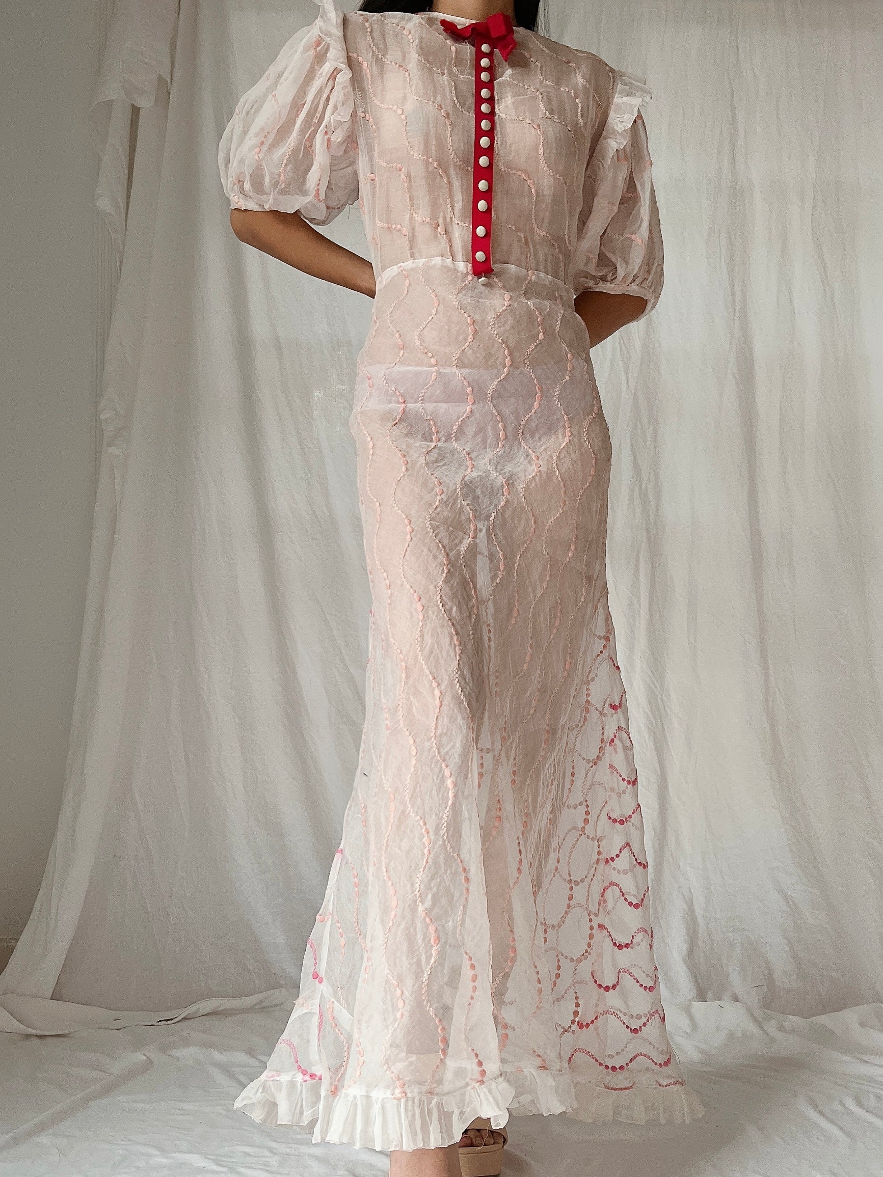 1930s Organdy Embroidered Dress - S