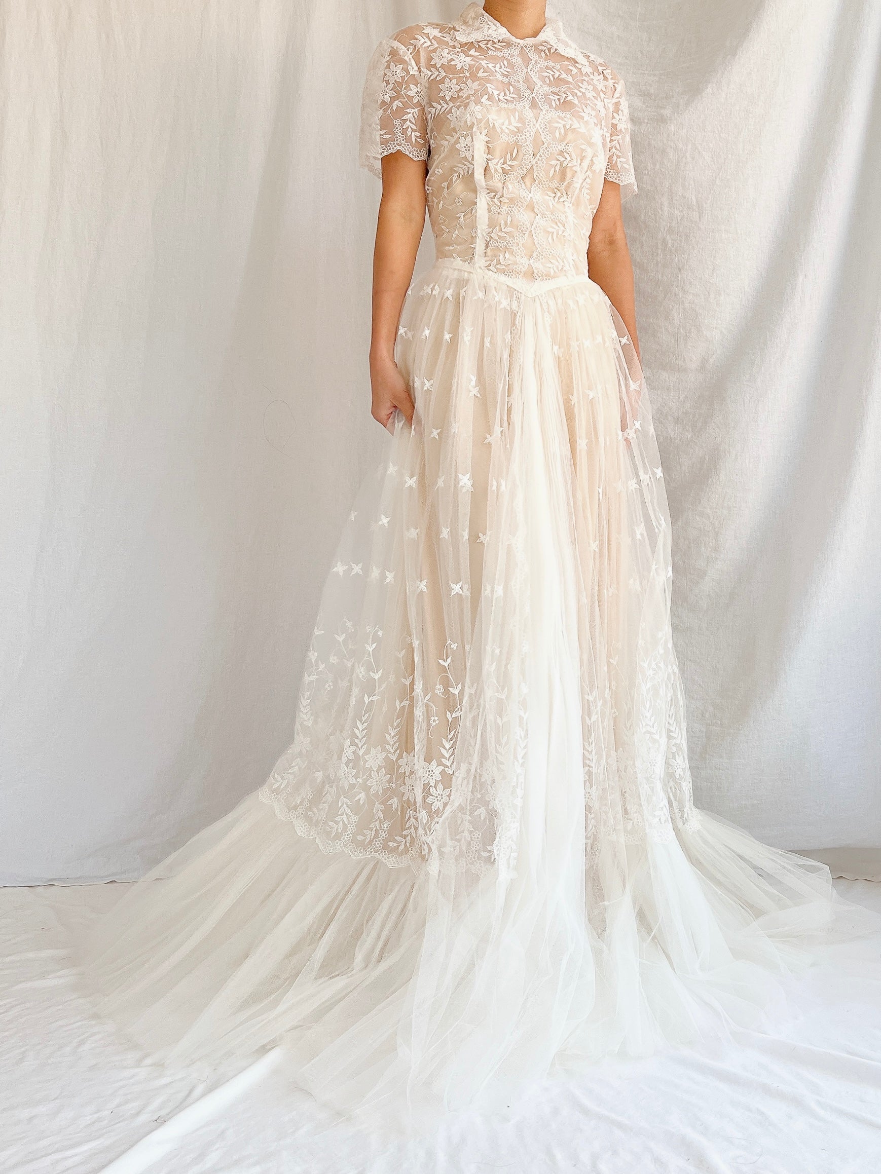 1950s Sheer Embroidered Tulle Gown - S
