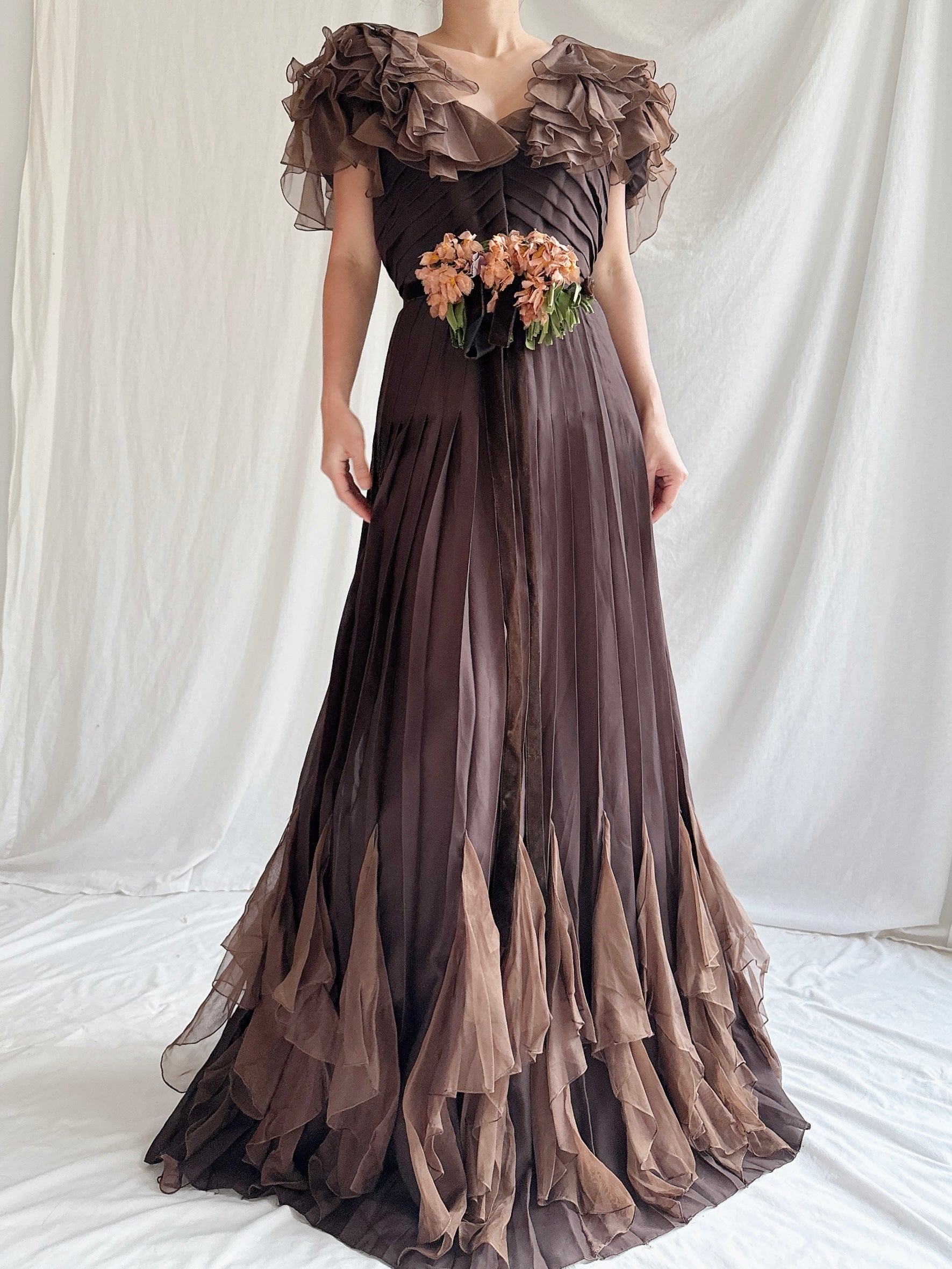 1930s Silk Chiffon and Organza Gown - S