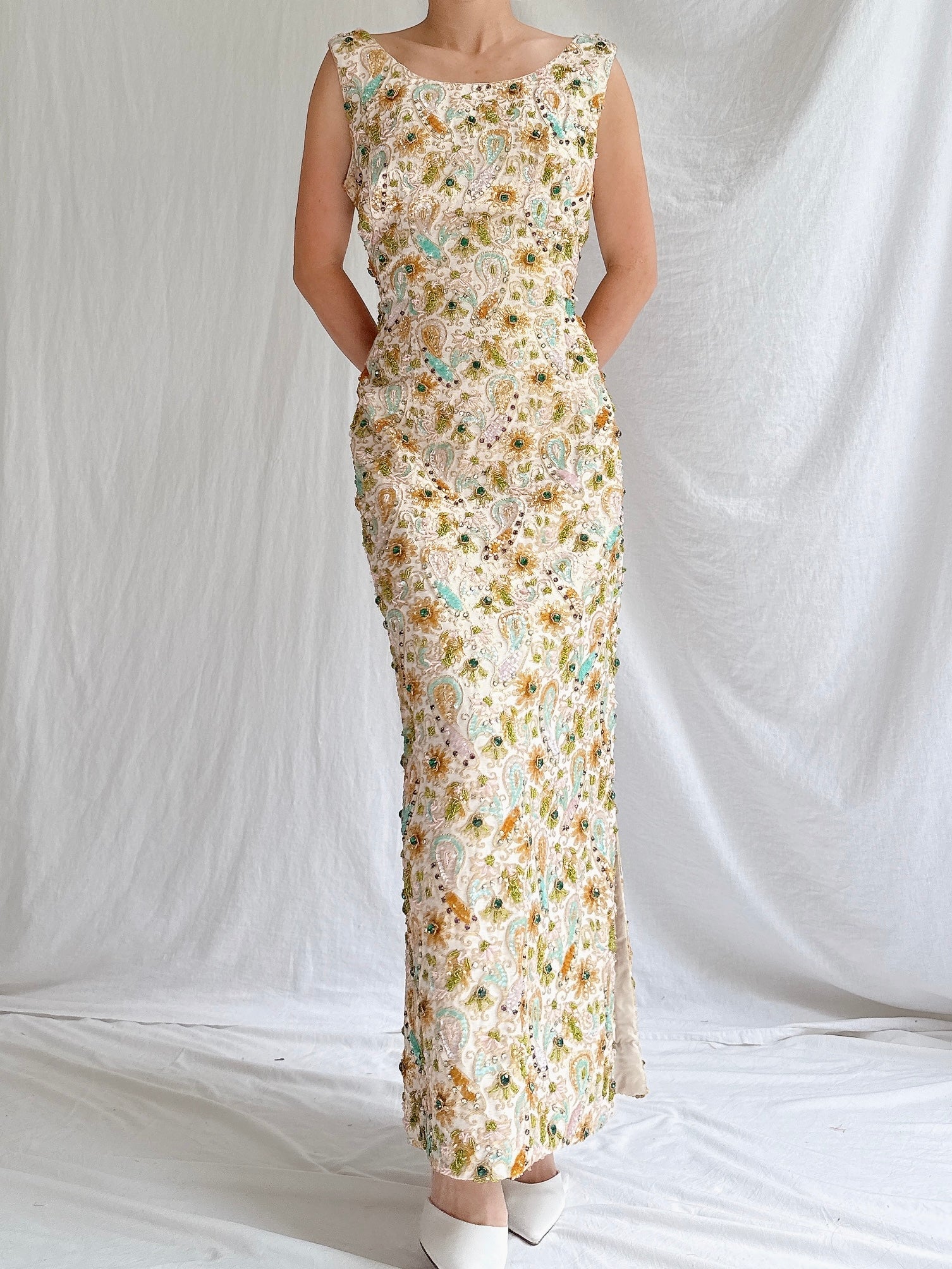 1960s Beaded Brocade Column Gown - M