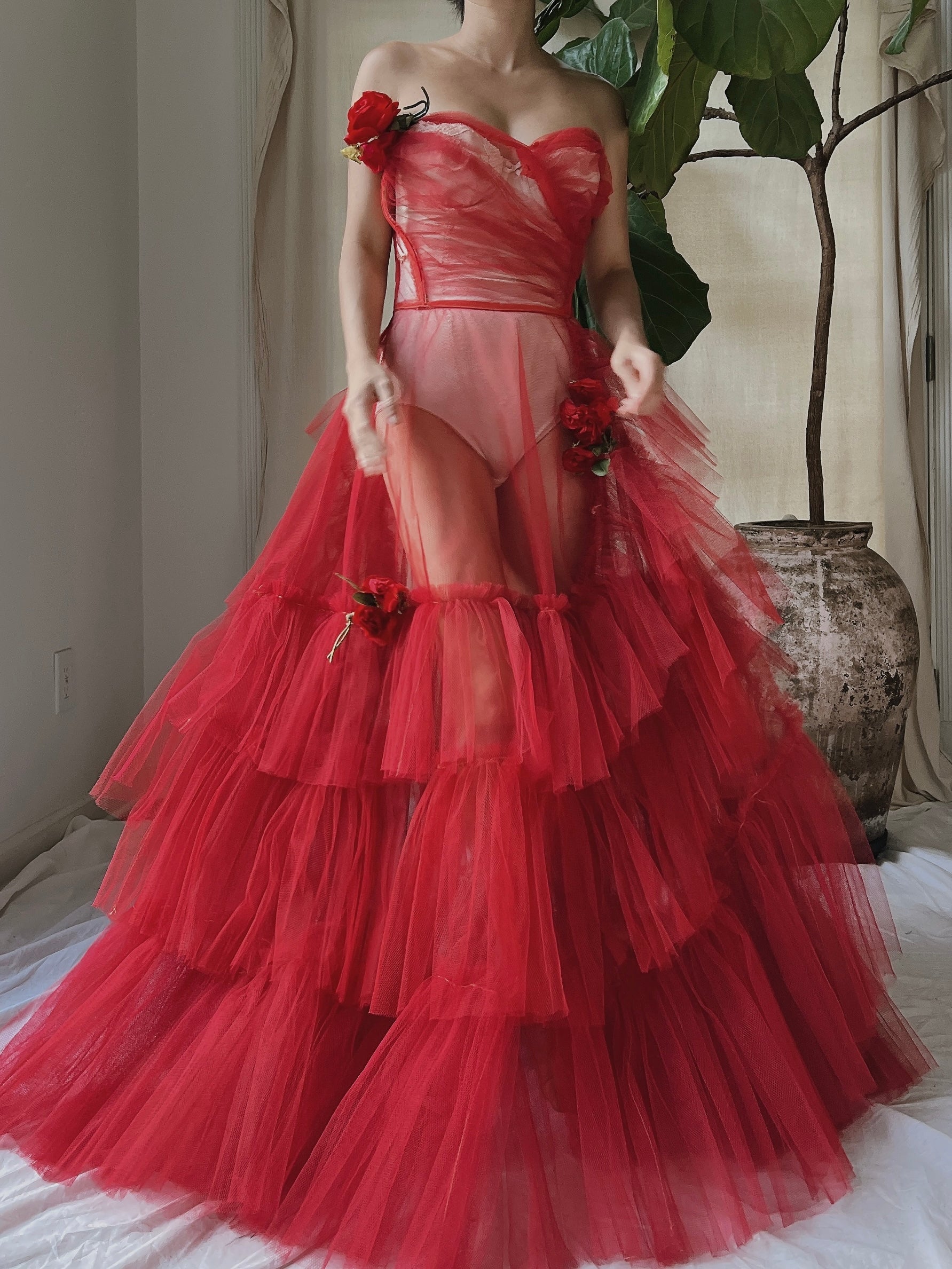 1950s Strapless Red Tiered Tulle Gown - XS