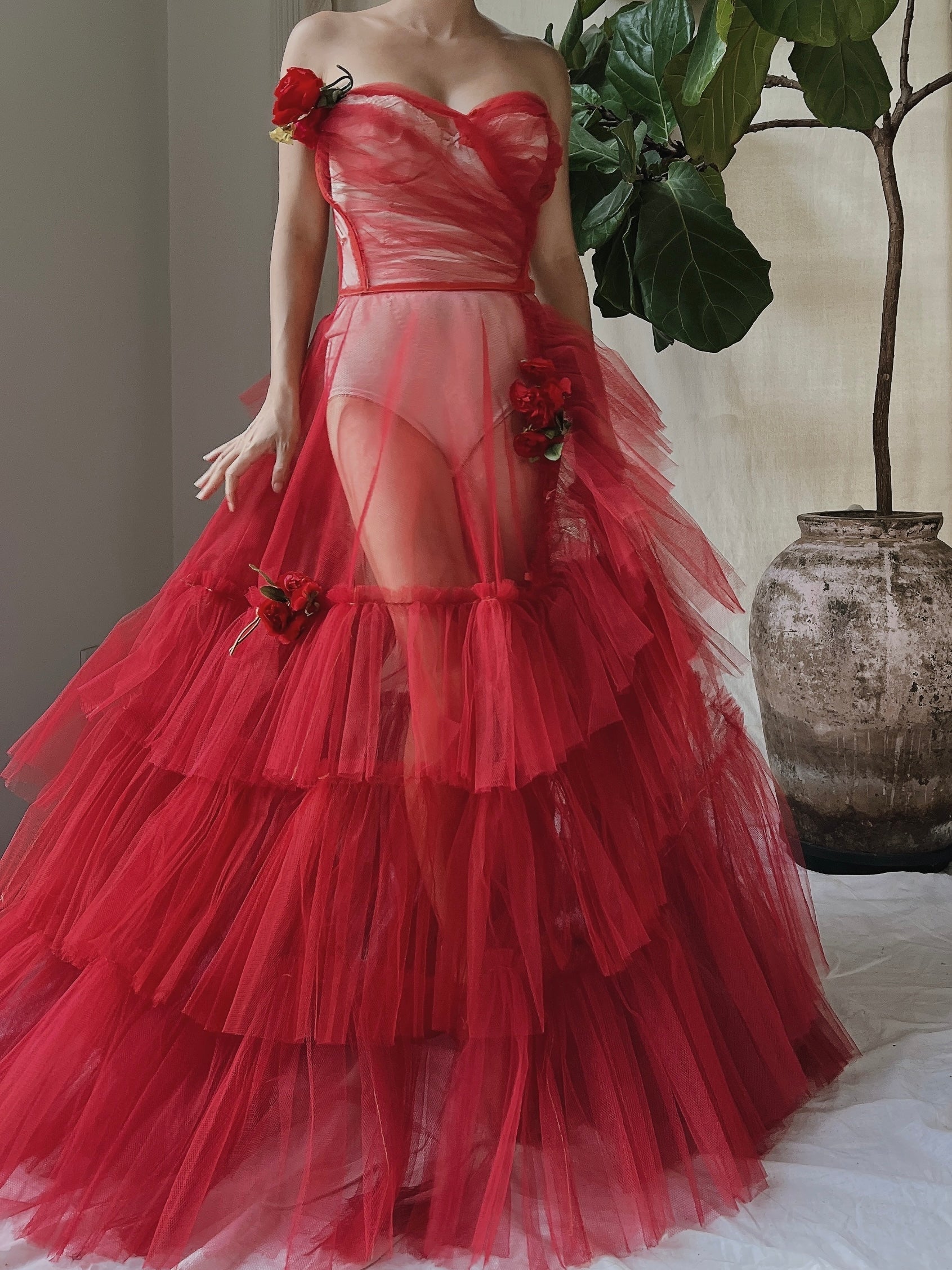 1950s Strapless Red Tiered Tulle Gown - XS