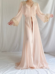 1940s Peach Chiffon Poet Sleeves Dressing Gown - S