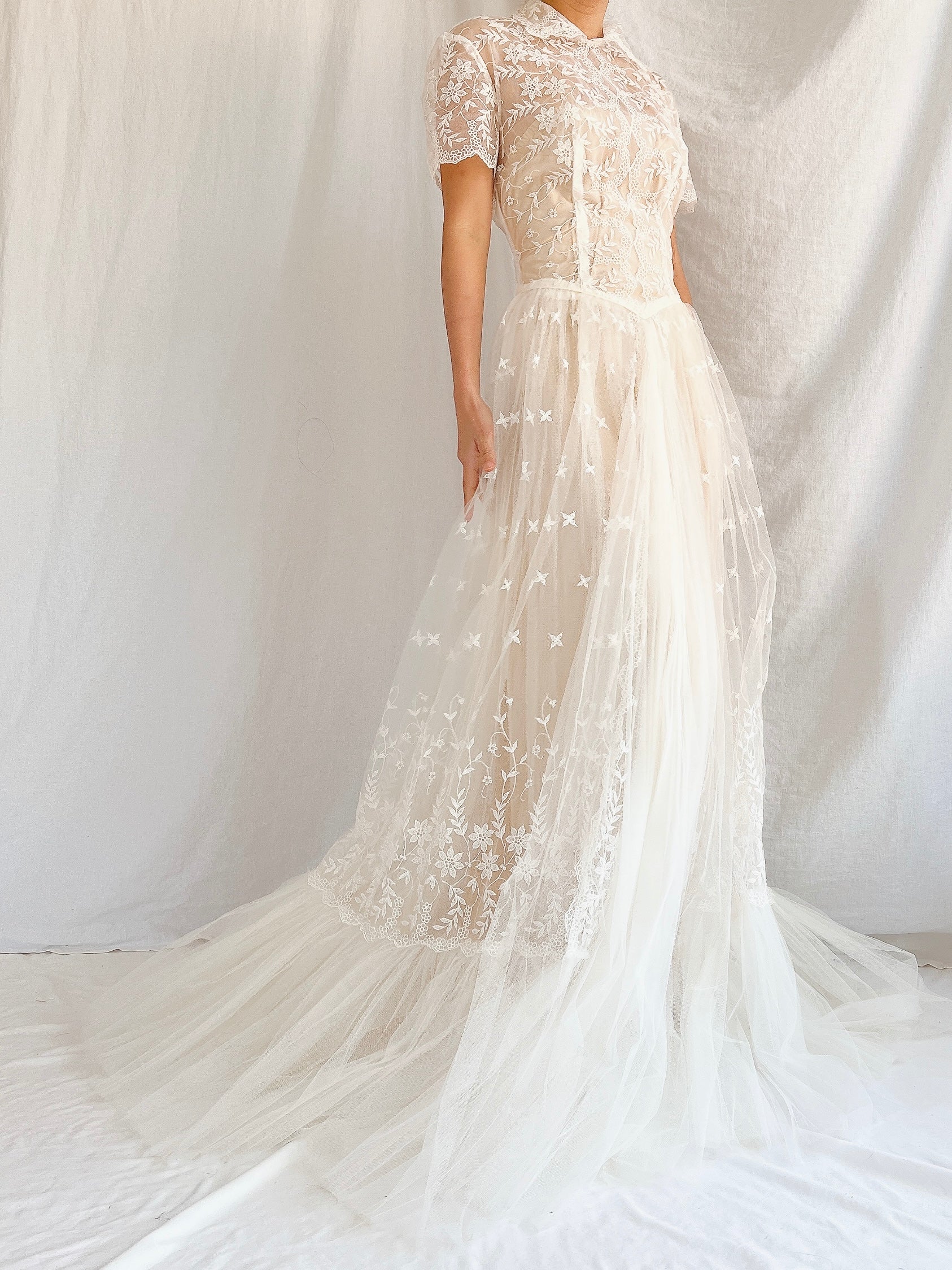 1950s Sheer Embroidered Tulle Gown - S