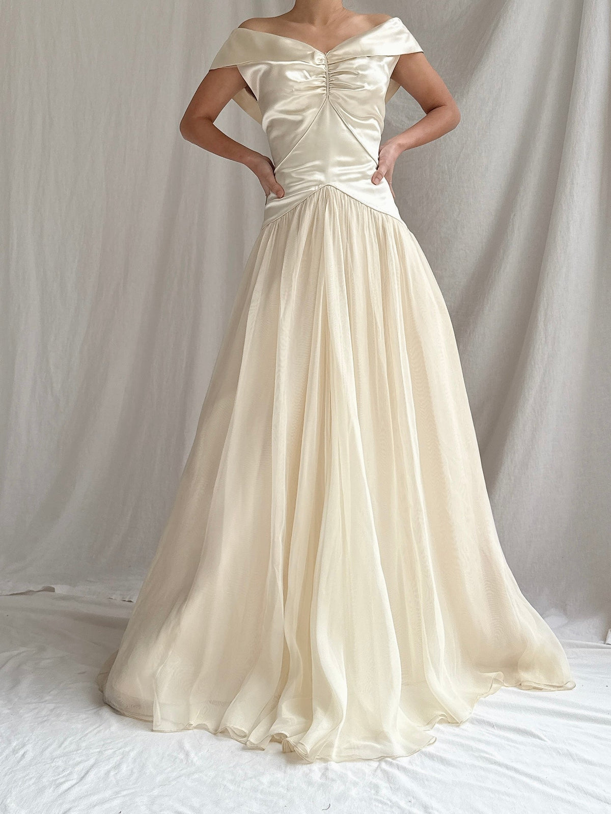 1940s Satin and Net Chiffon Dress - S