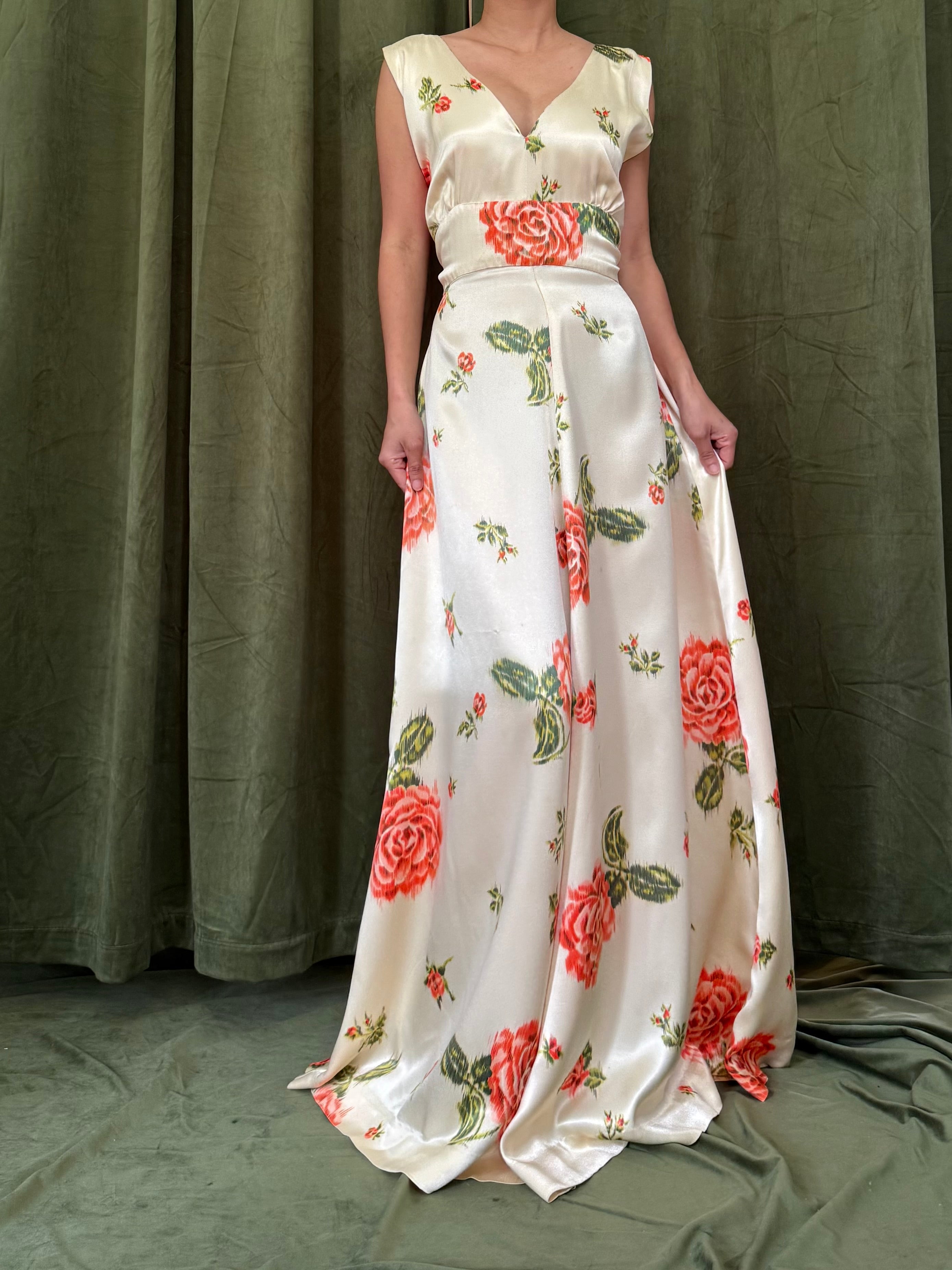 1940s Satin Floral Dress - S/M