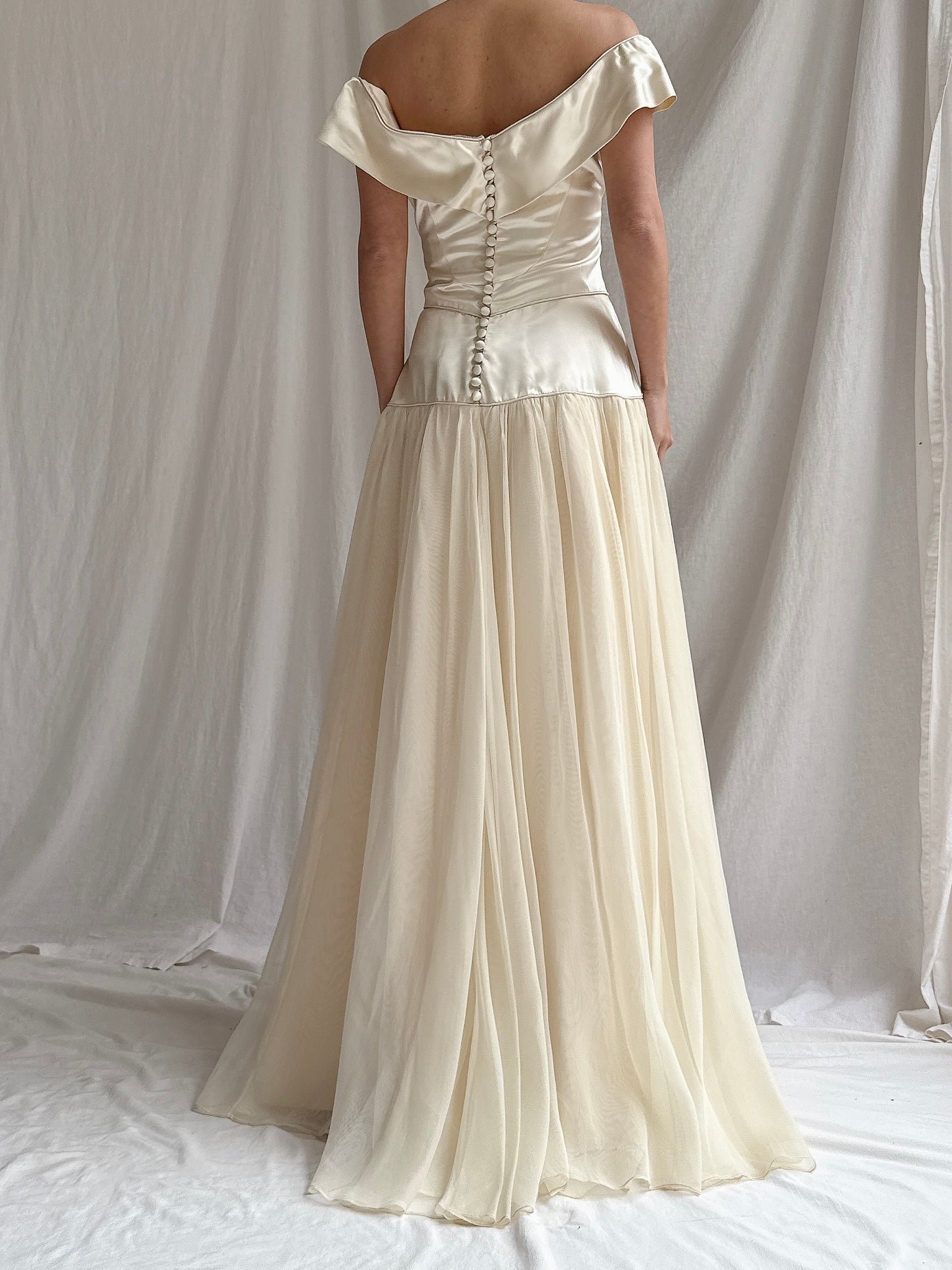 1940s Satin and Net Chiffon Dress - S