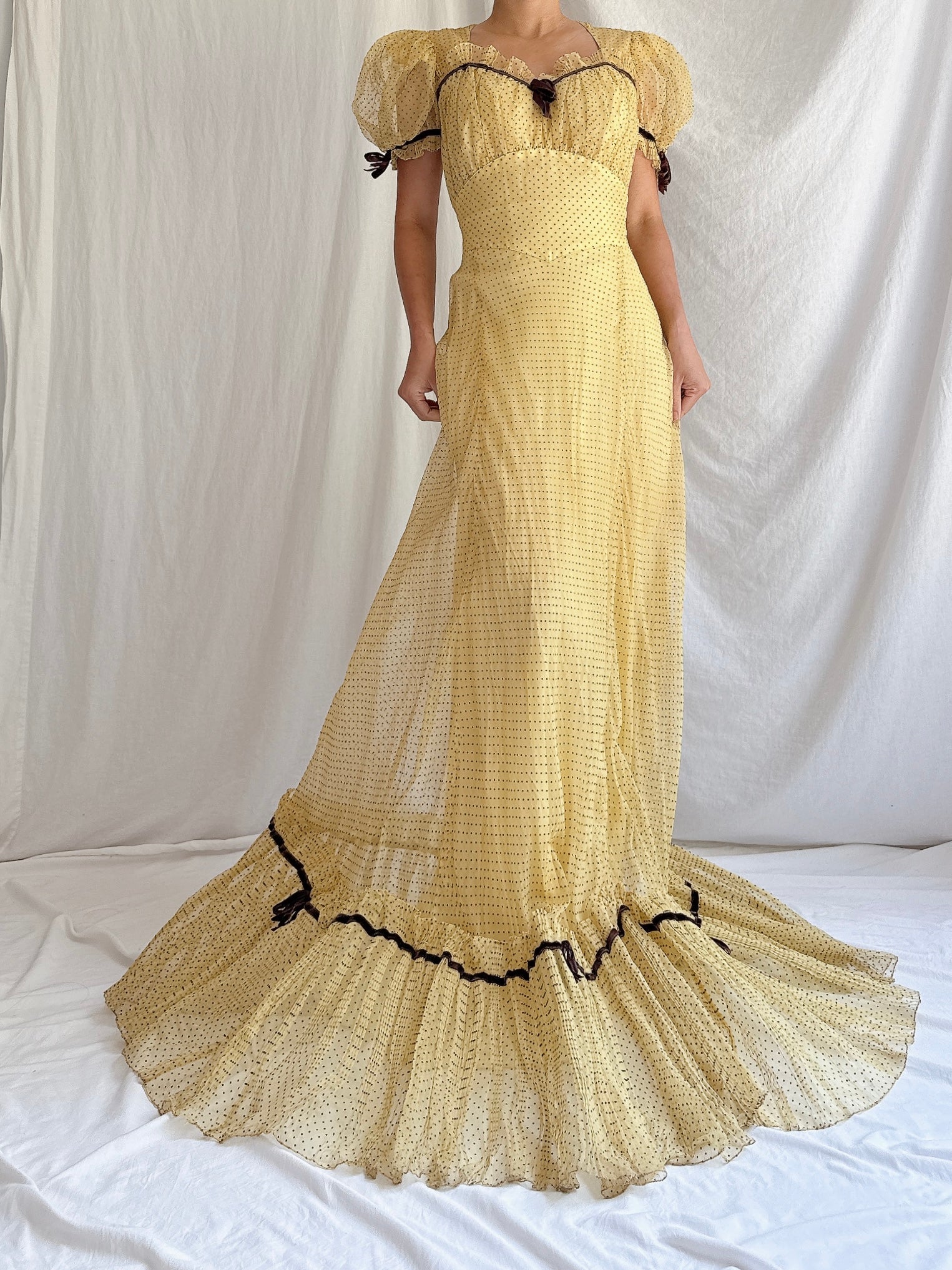 1930s/40s Organdy Flocked Gown - S