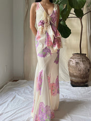 1930s Floral Taffeta Dress - S