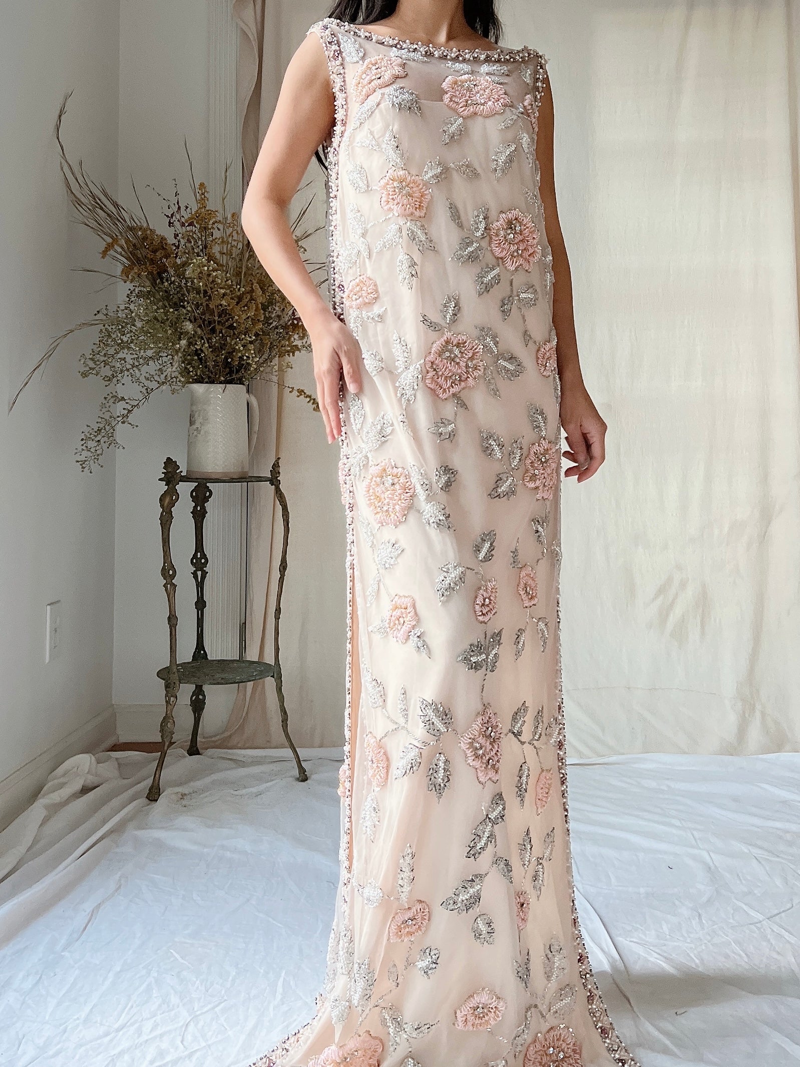 1960s Hand Beaded Tulle Dress - S/M
