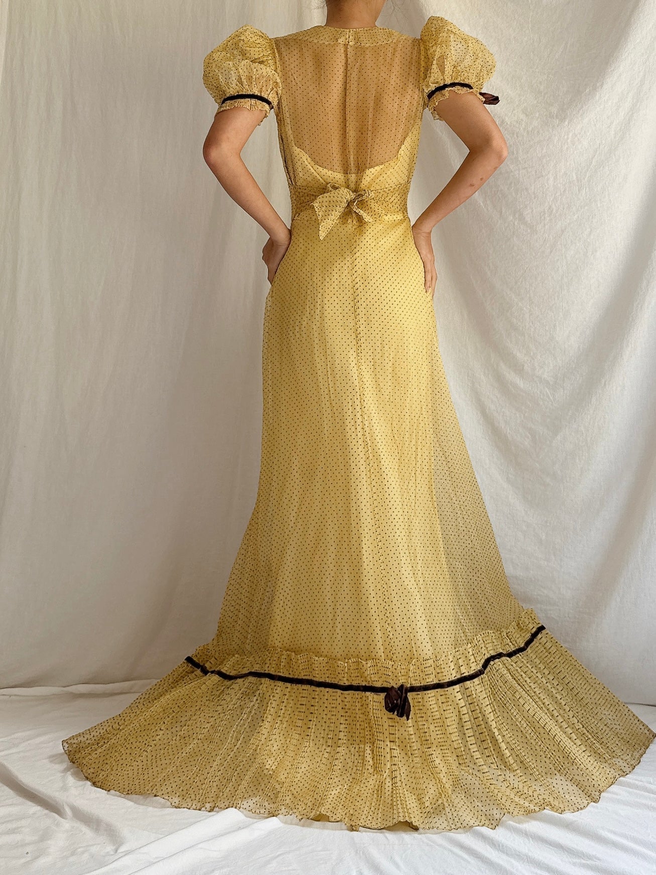 1930s/40s Organdy Flocked Gown - S