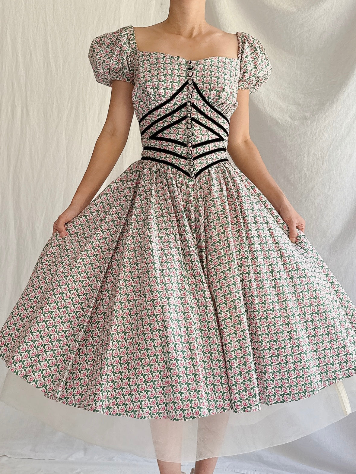 1950s Cotton Puff Sleeves Dress - XS