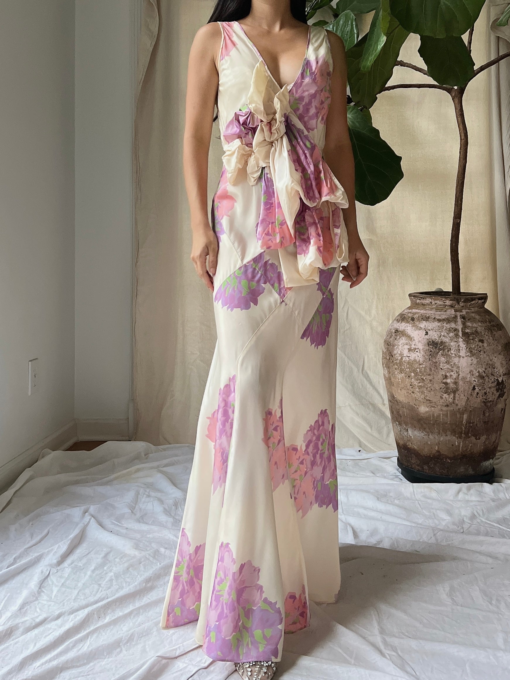 1930s Floral Taffeta Dress - S