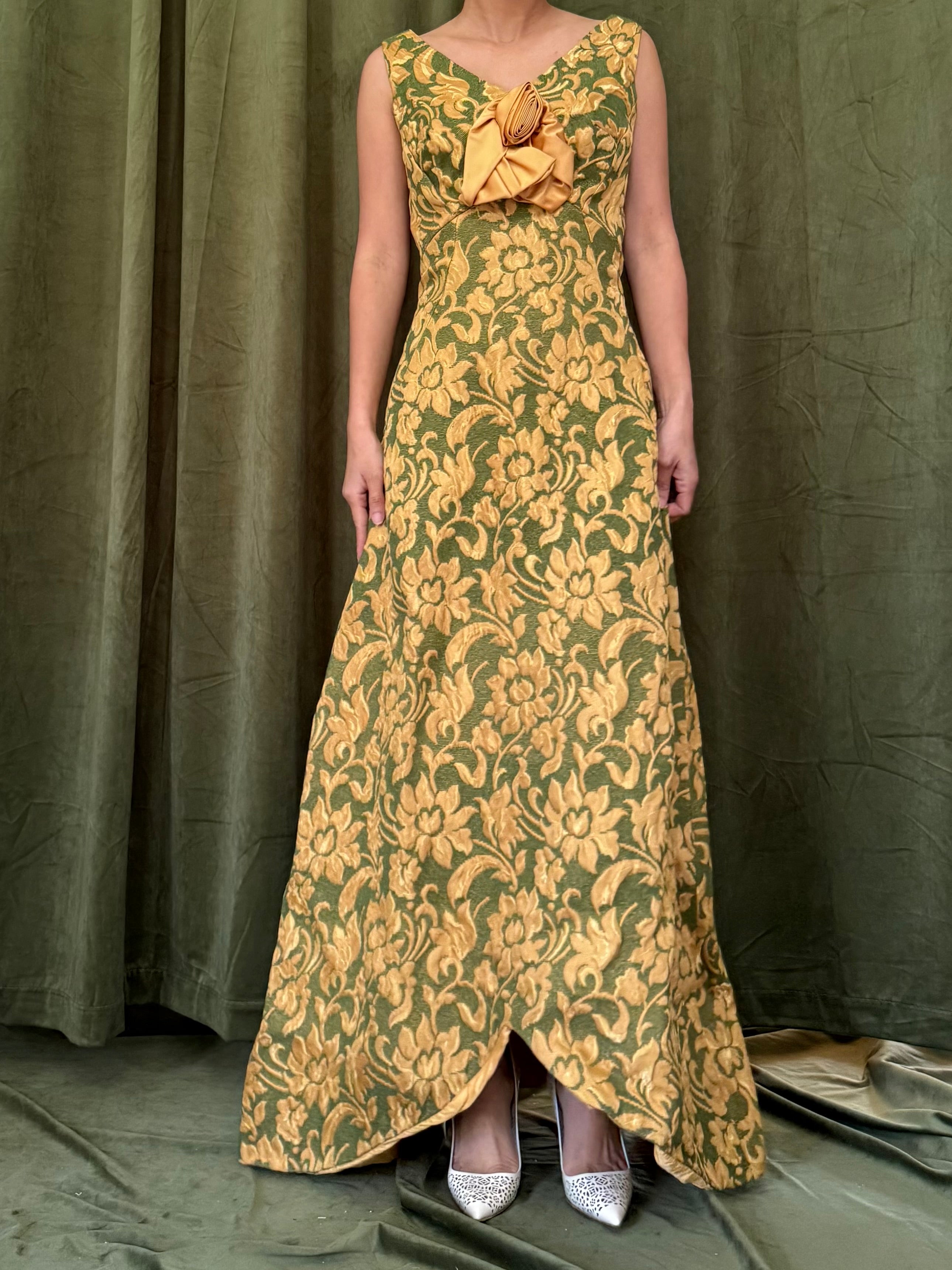 1960s Green and Gold Tapestry Brocade Dress - S