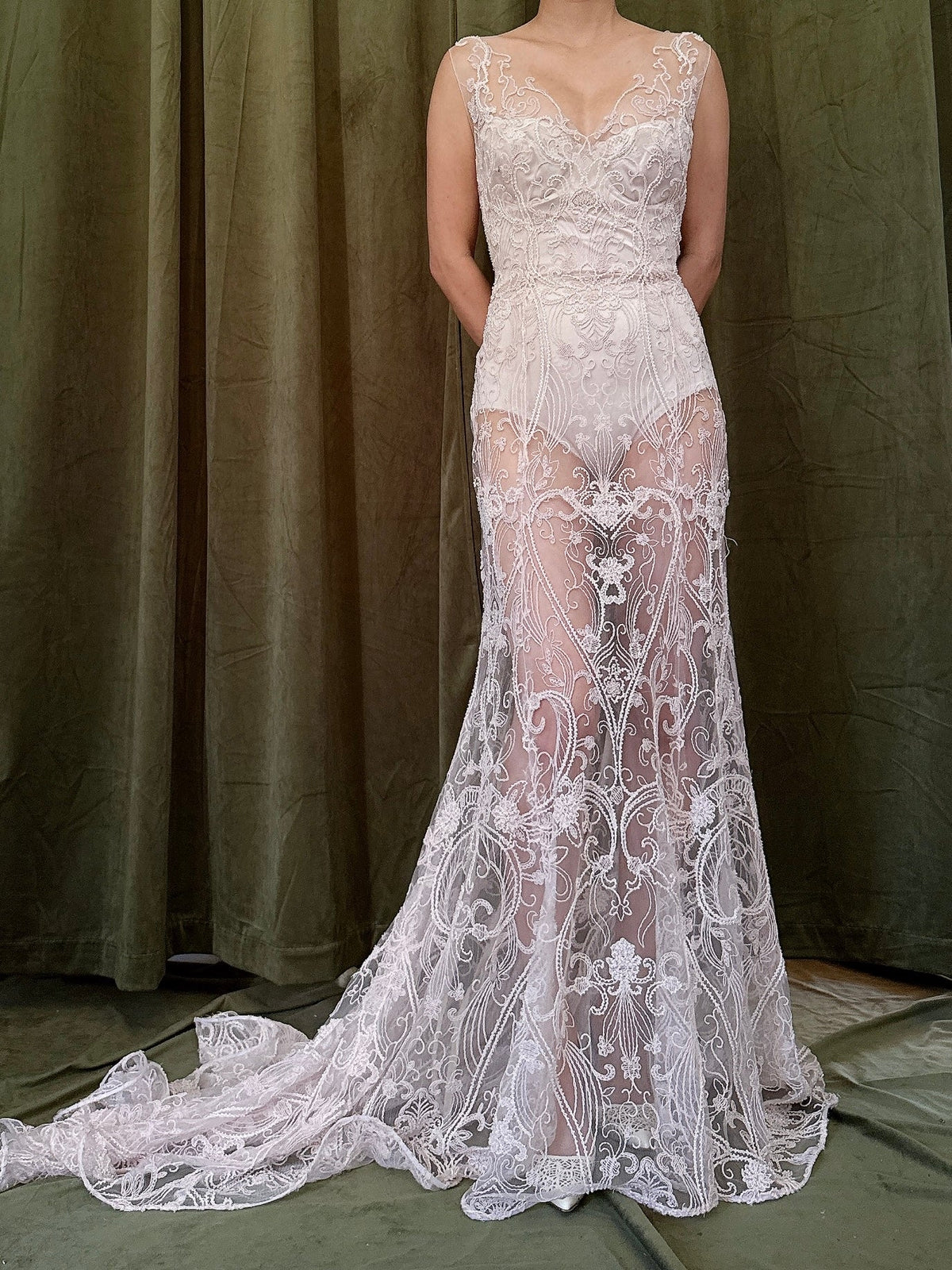00 Light Pink Sheer Beaded Gown - M