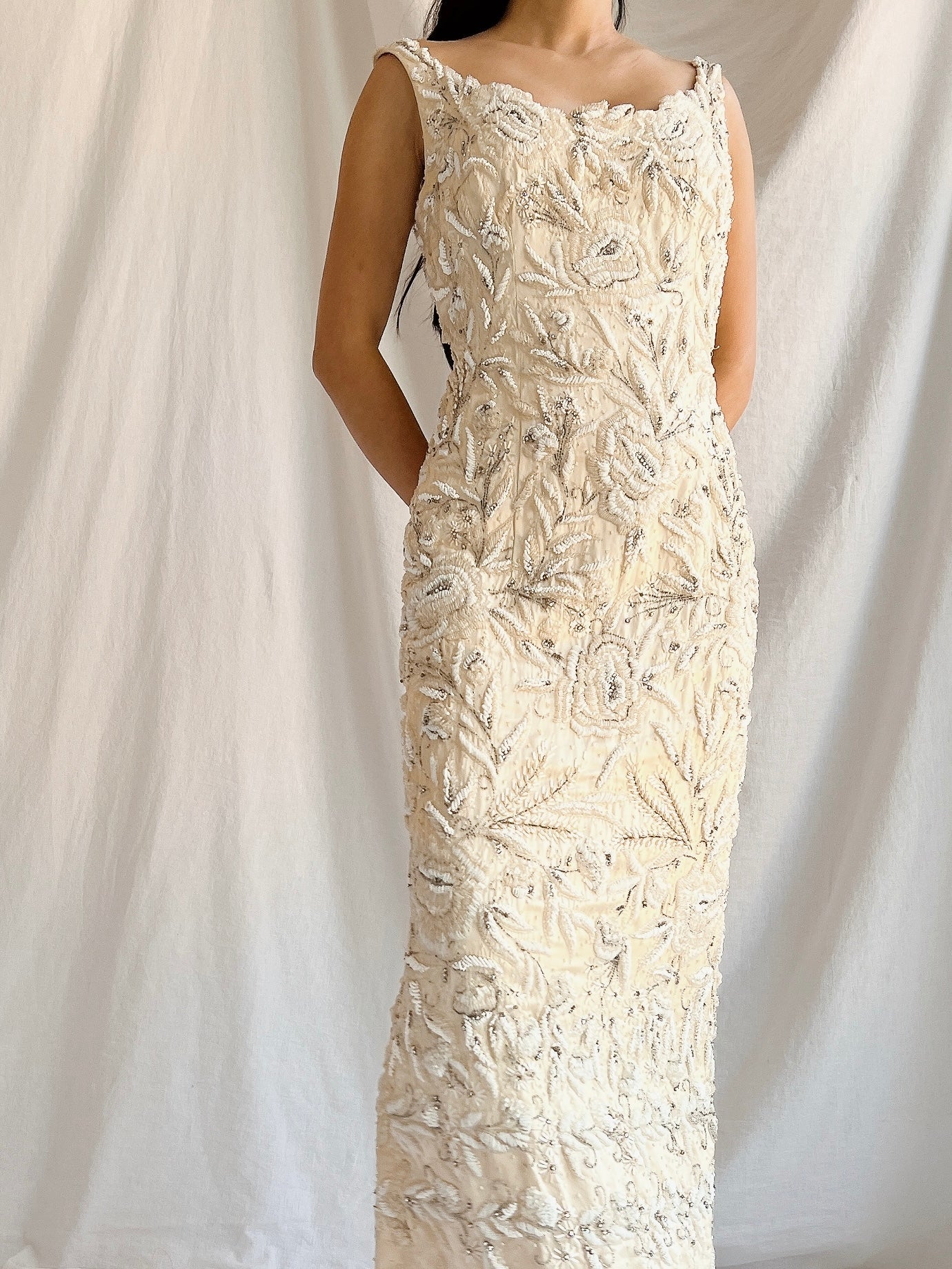 1960s Hand Beaded Ivory Dress - S/M