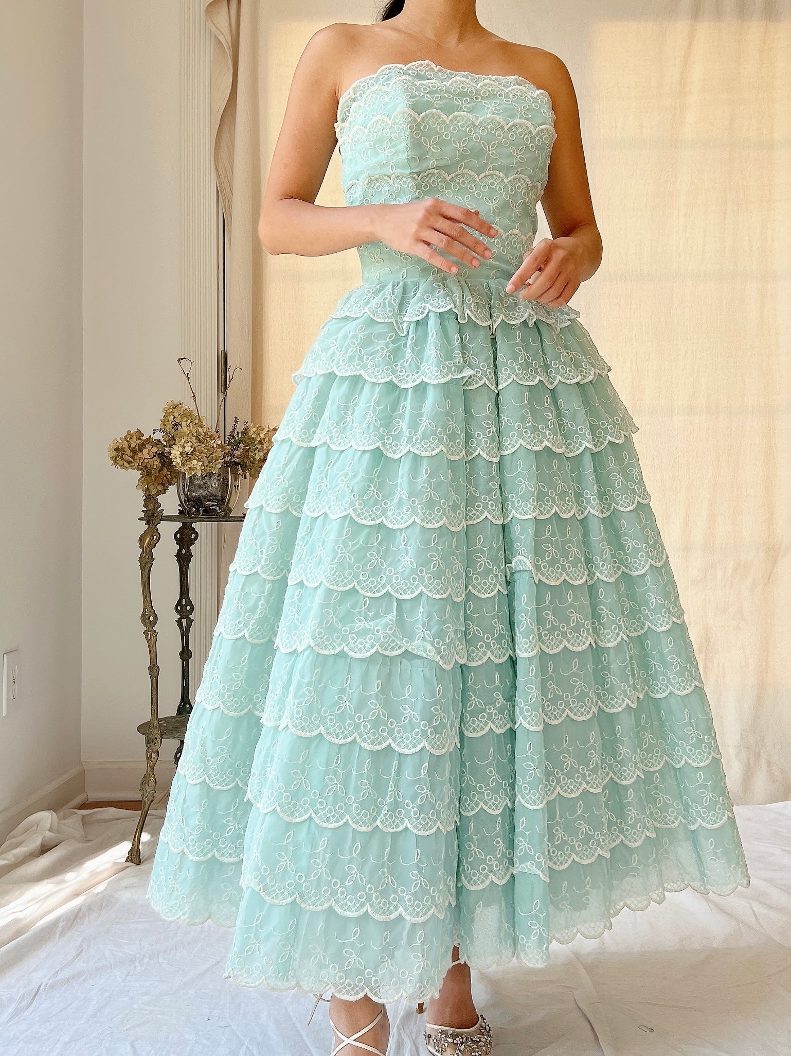 1950s Scalloped Voile Embroidered Dress - XS
