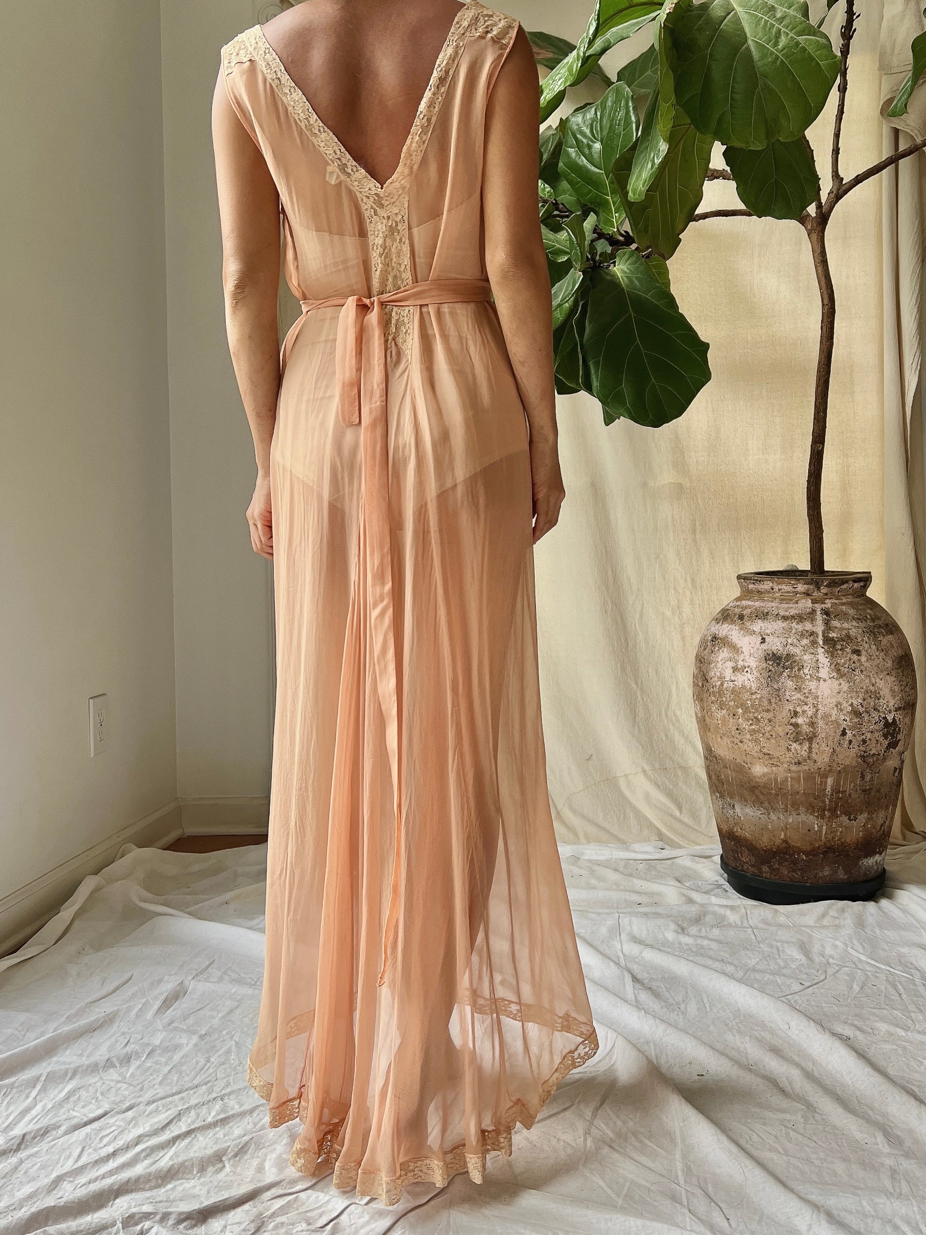 1930s Peach Silk Chiffon Gown -S/M