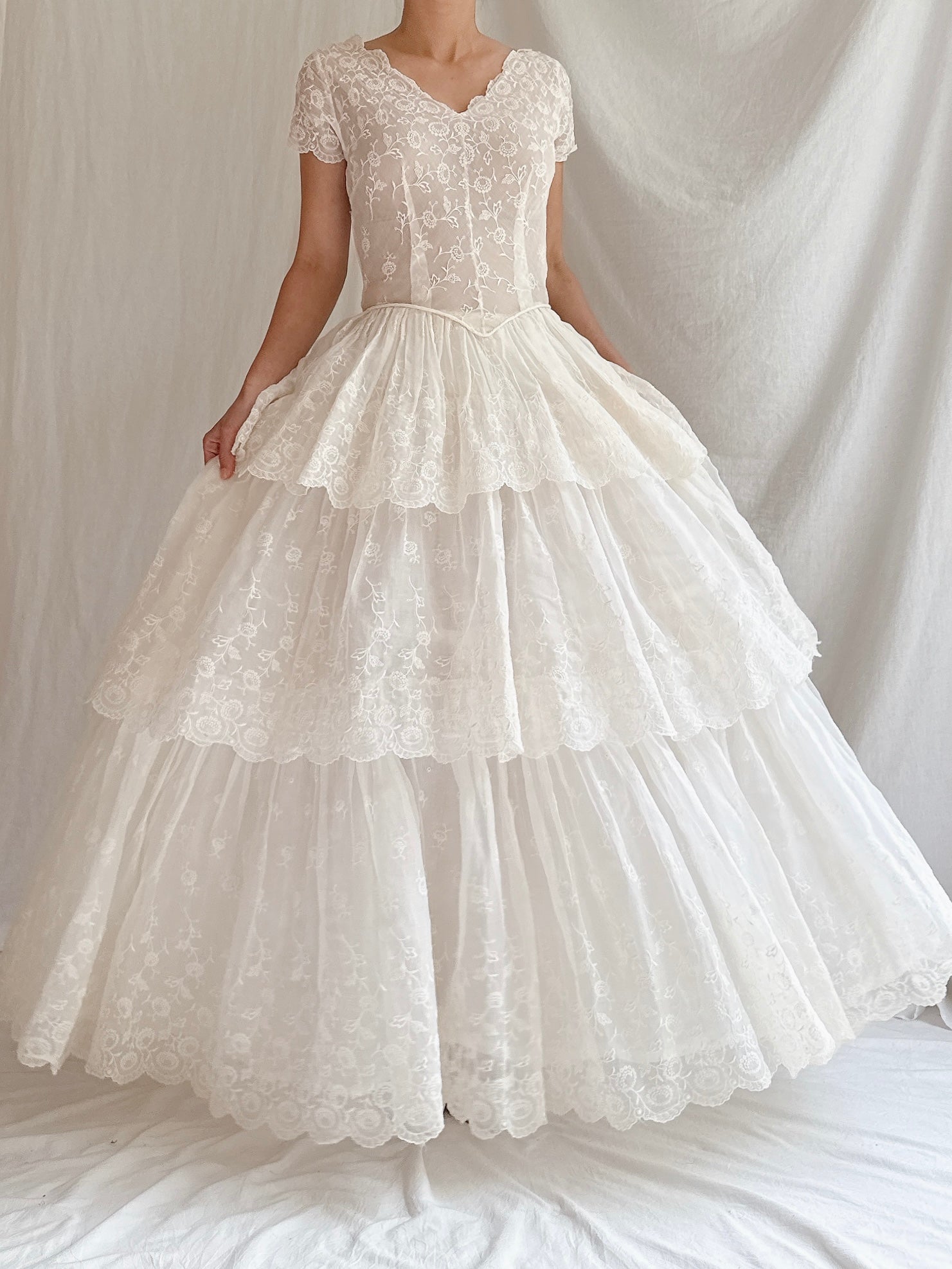 1950s Organdy Embroidered Dress - XS