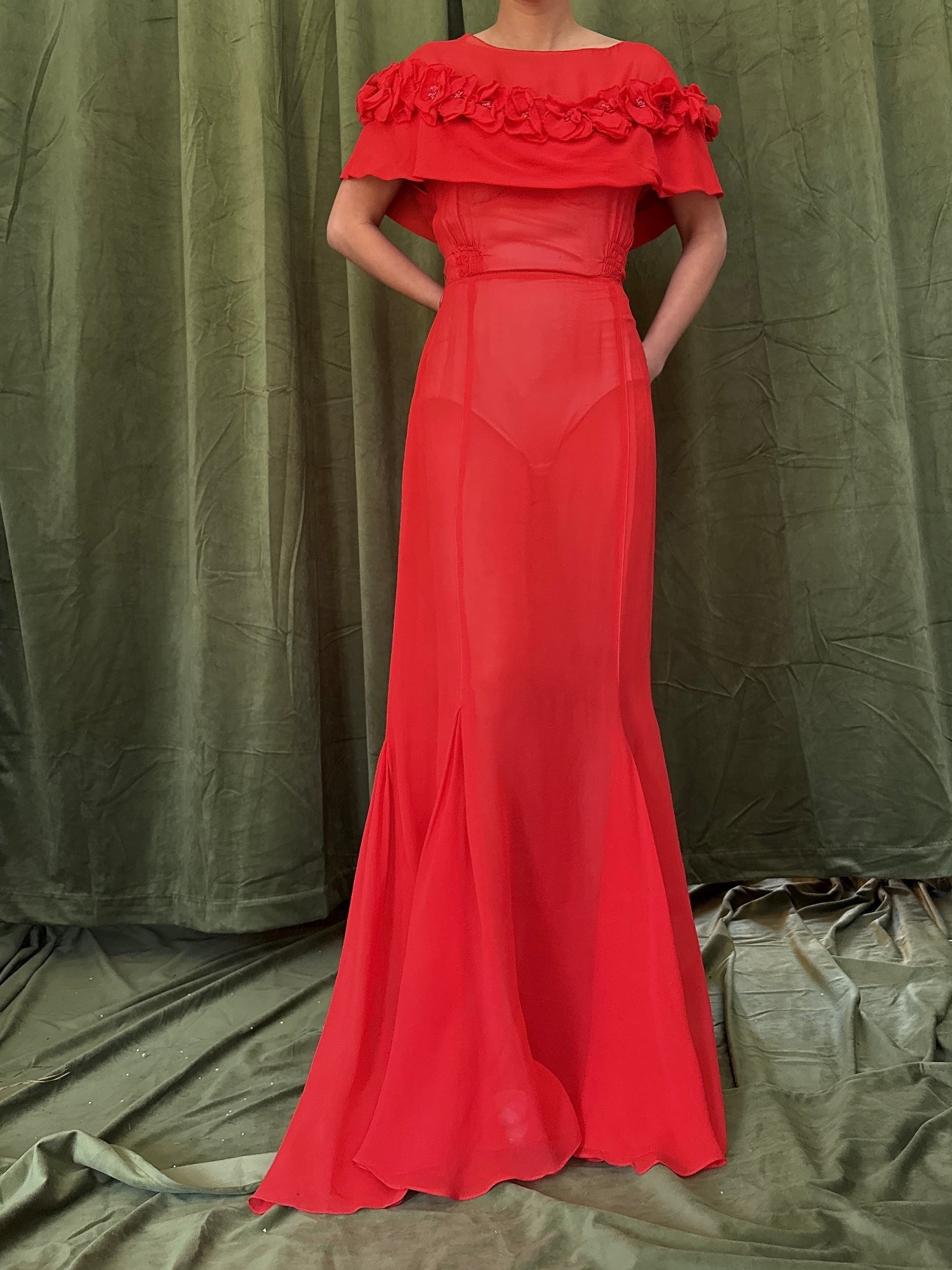 1930s Silk Chiffon Poppy Dress - S