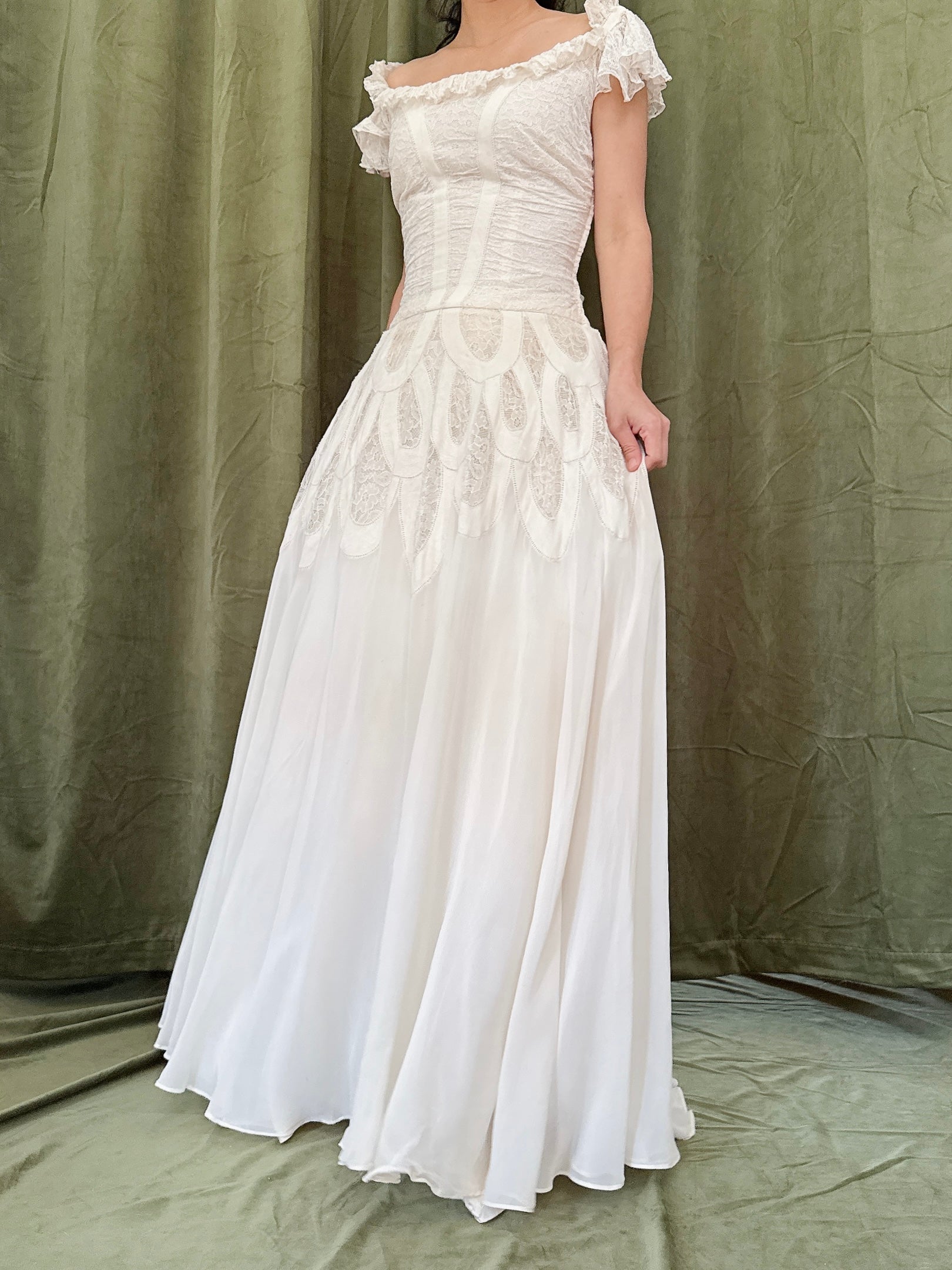 1950s Chiffon & Lace Dress - S