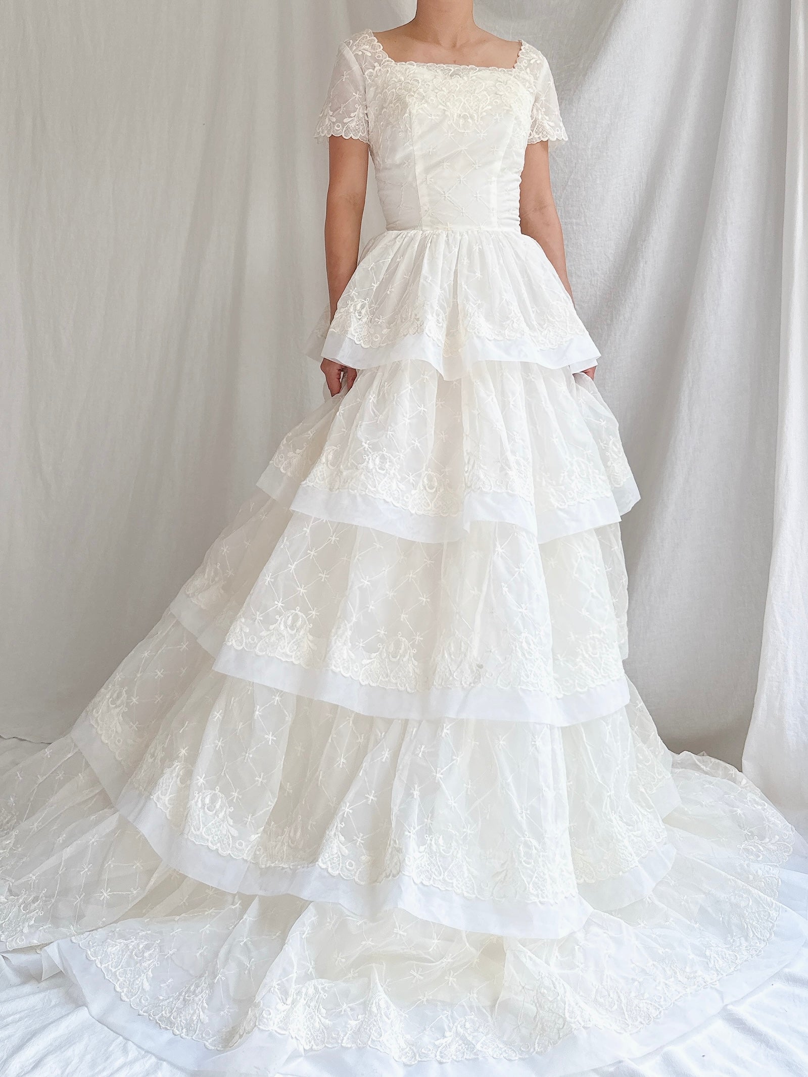 1950s Voile Embroidered Tiered Gown - XS