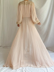 1940s Peach Chiffon Poet Sleeves Dressing Gown - S