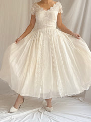 1950s Tea-Length Embroidered Dress - XS