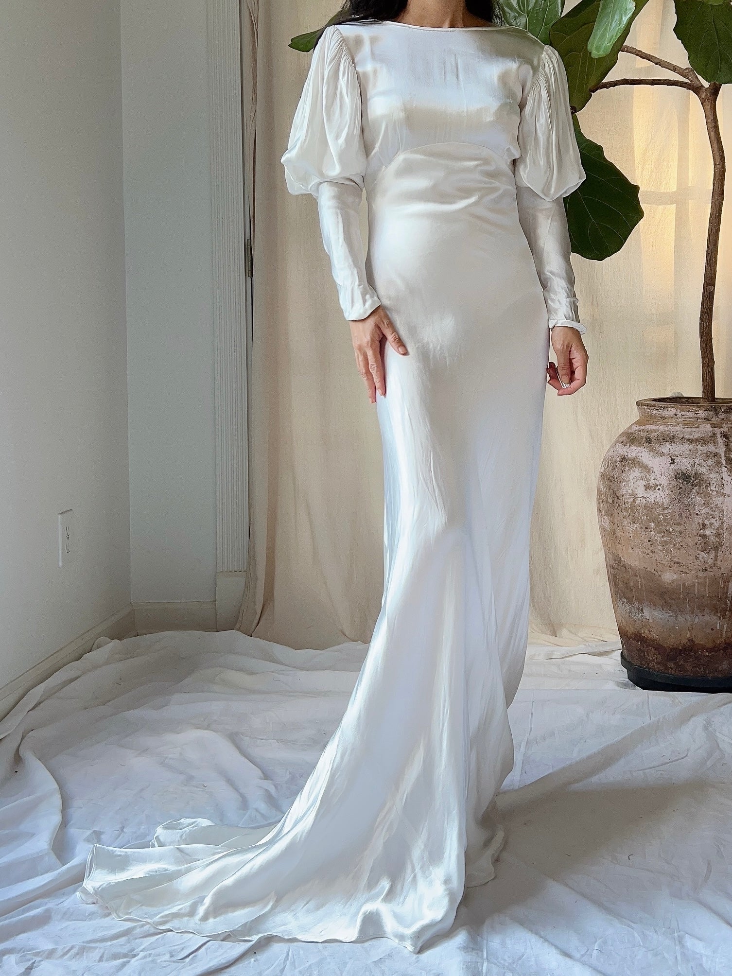1930s Satin Puff Sleeve Dress - XS