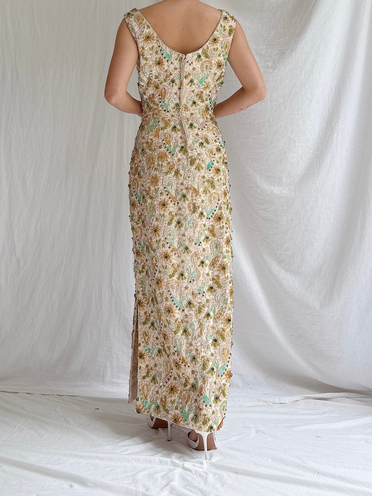 1960s Beaded Brocade Column Gown - M