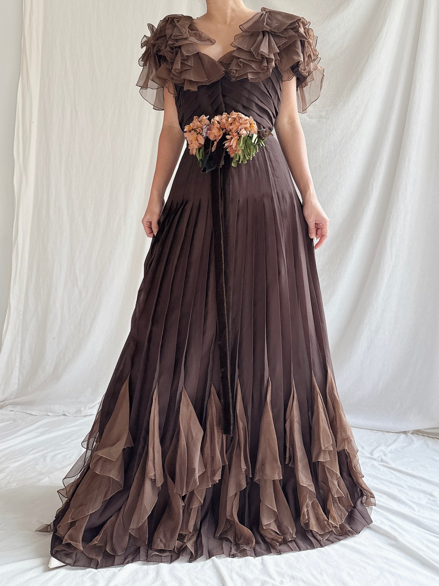 1930s Silk Chiffon and Organza Gown - S