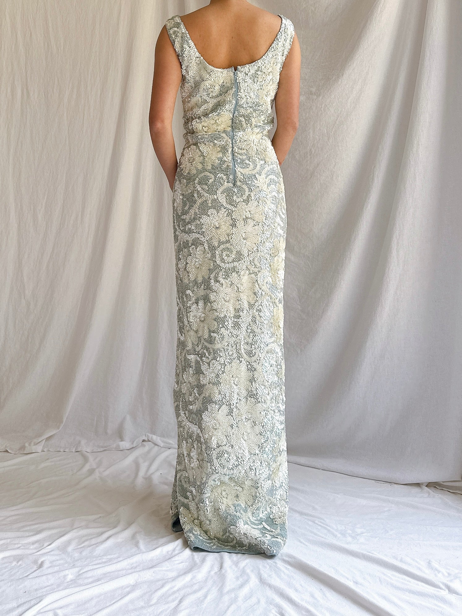 1960s Baby Blue Wool Sequins Gown - M