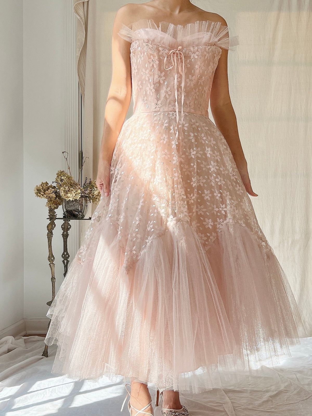 1950s Dusty Pink Tulle and Lace Dress - XS