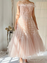 1950s Dusty Pink Tulle and Lace Dress - XS