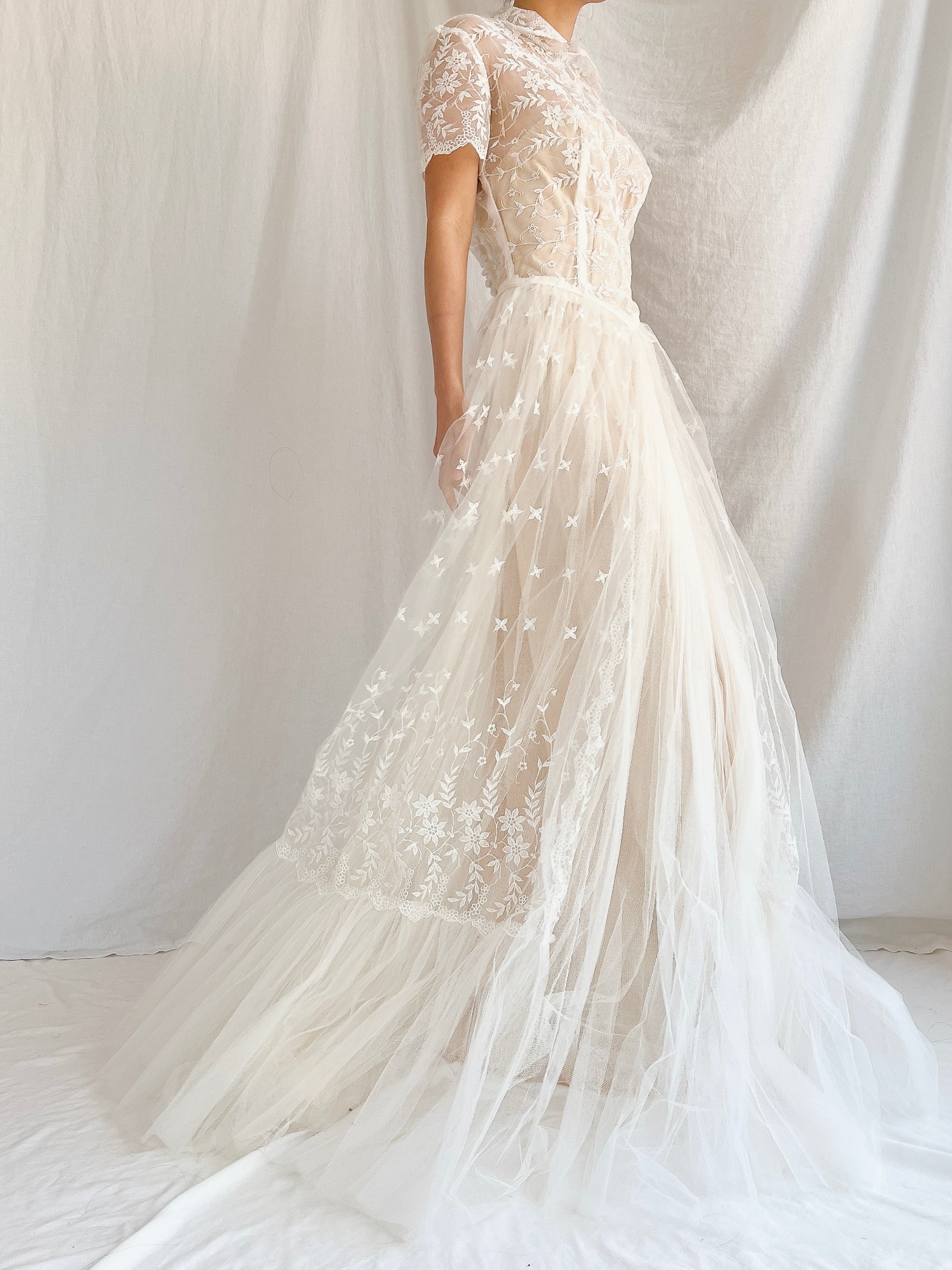 1950s Sheer Embroidered Tulle Gown - S