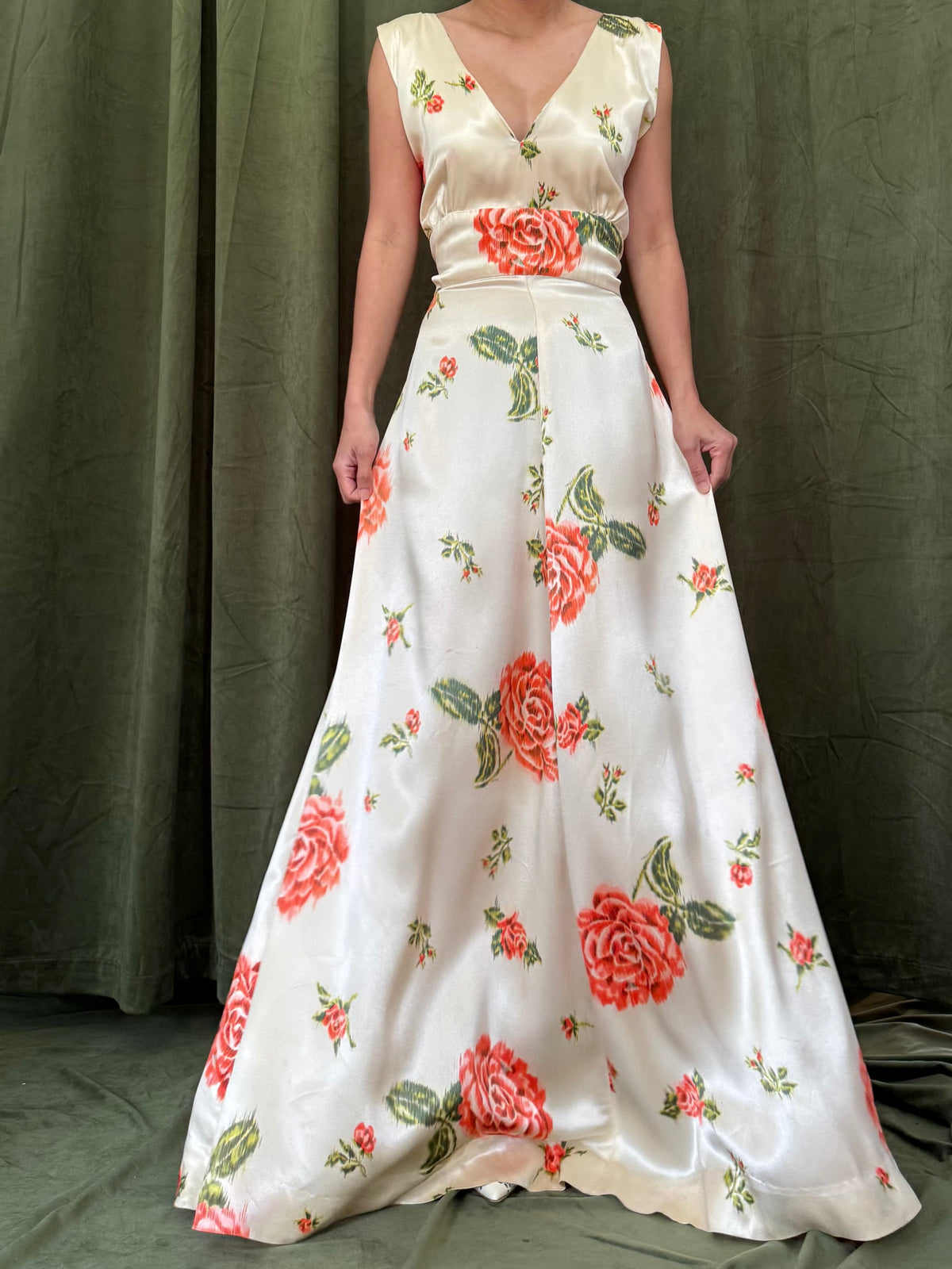 1940s Satin Floral Dress - S/M