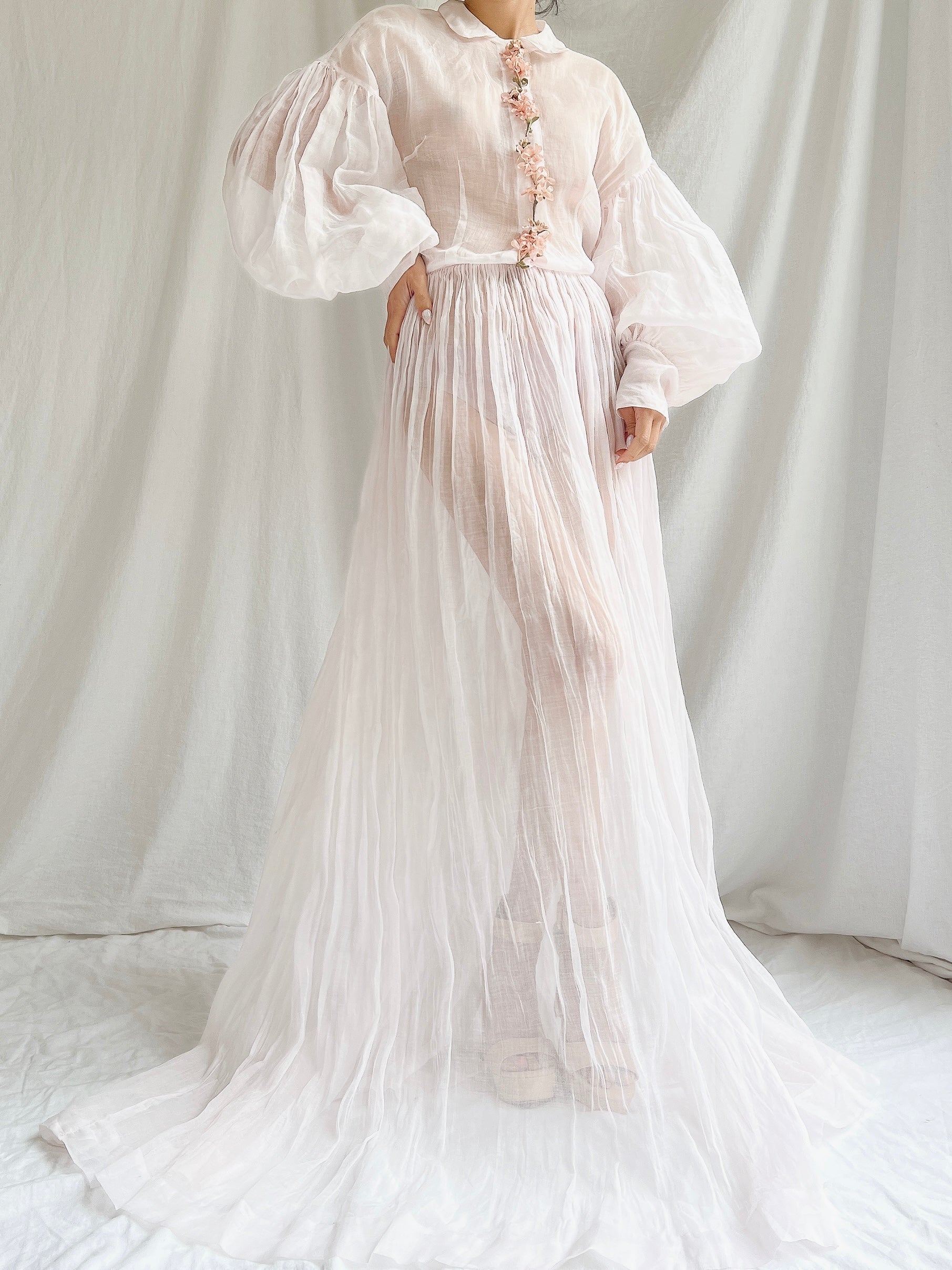1940s Sheer Organdy Puff Sleeves Gown - M
