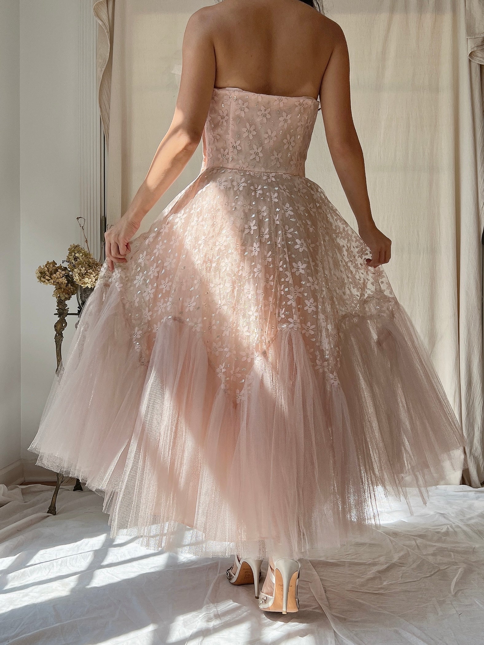 1950s Dusty Pink Tulle and Lace Dress - XS
