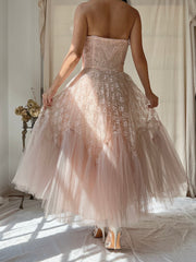 1950s Dusty Pink Tulle and Lace Dress - XS