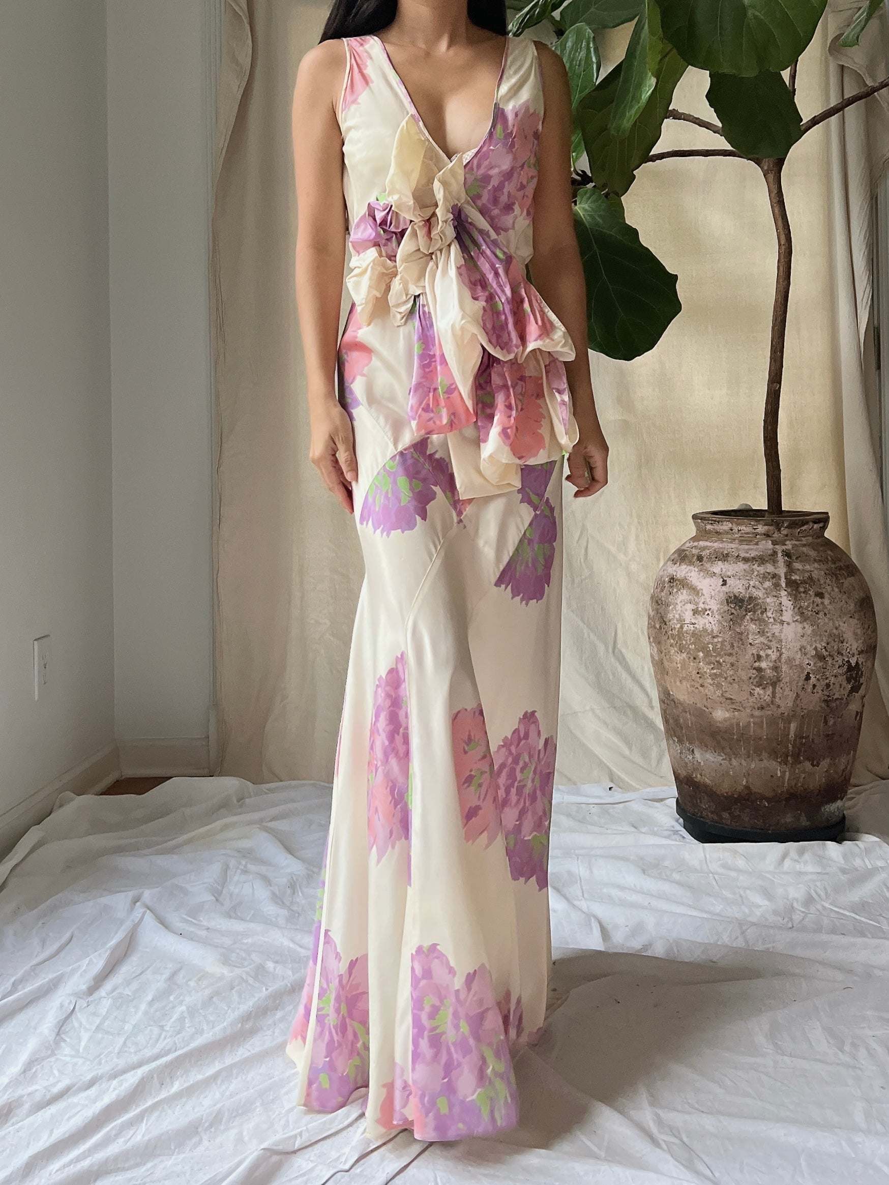 1930s Floral Taffeta Dress - S