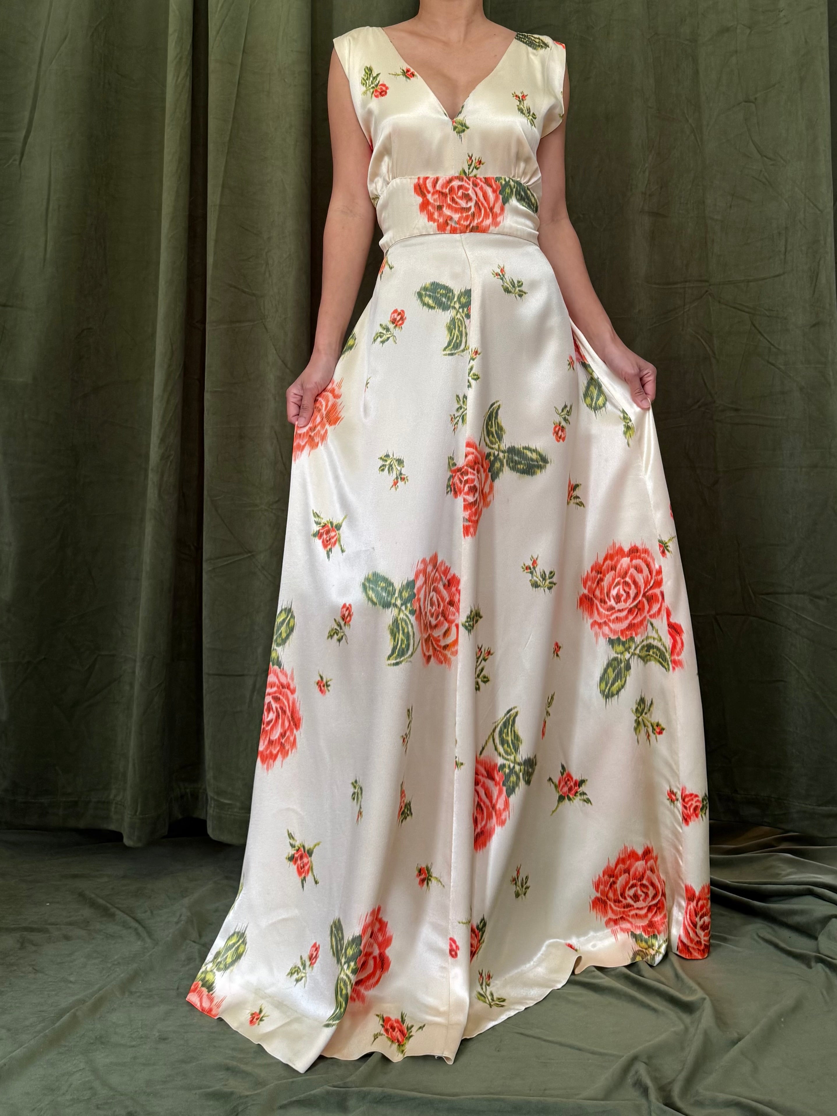 1940s Satin Floral Dress - S/M