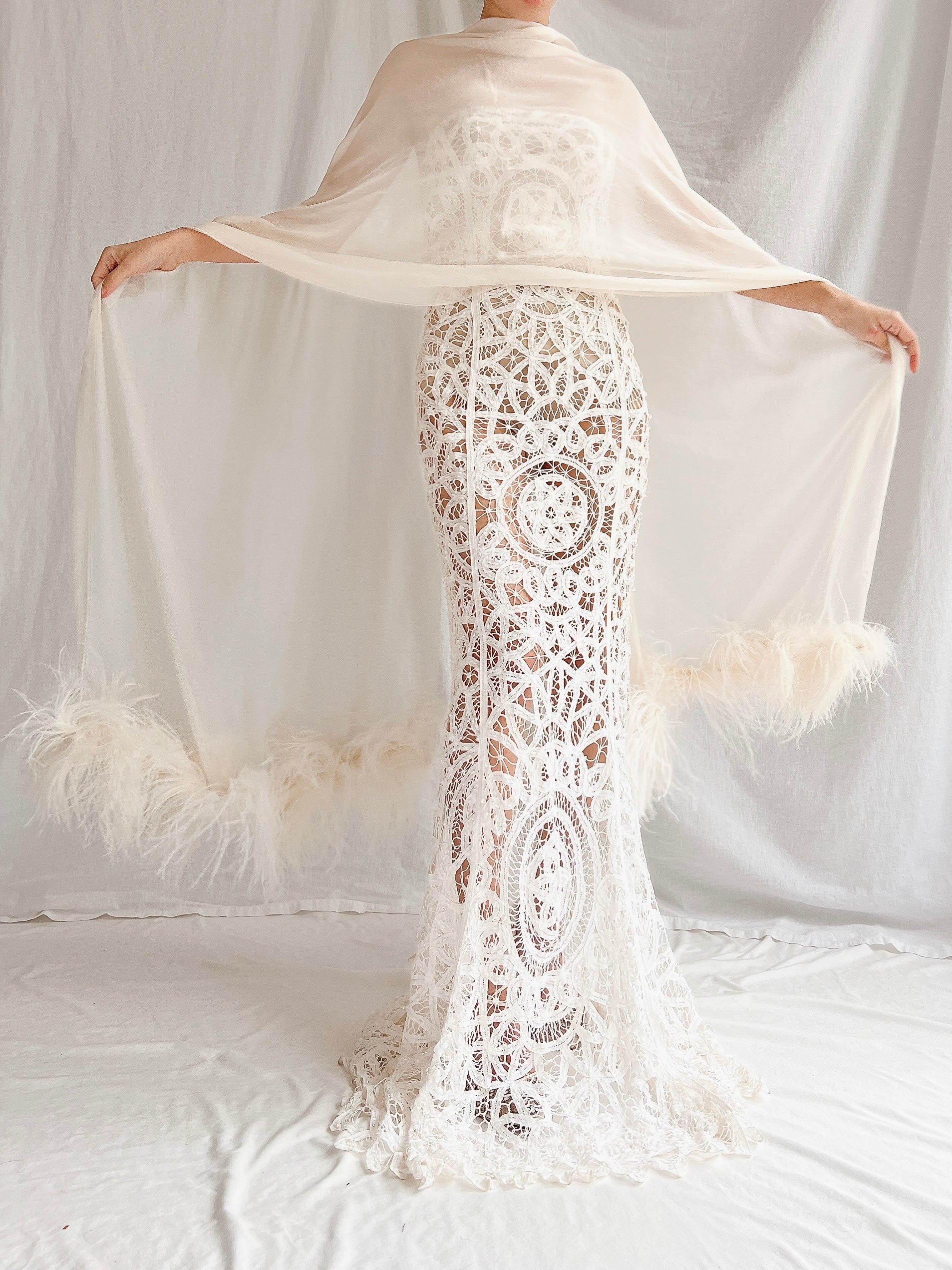 1950s Silk Ostrich Feather Shawl - OSFA