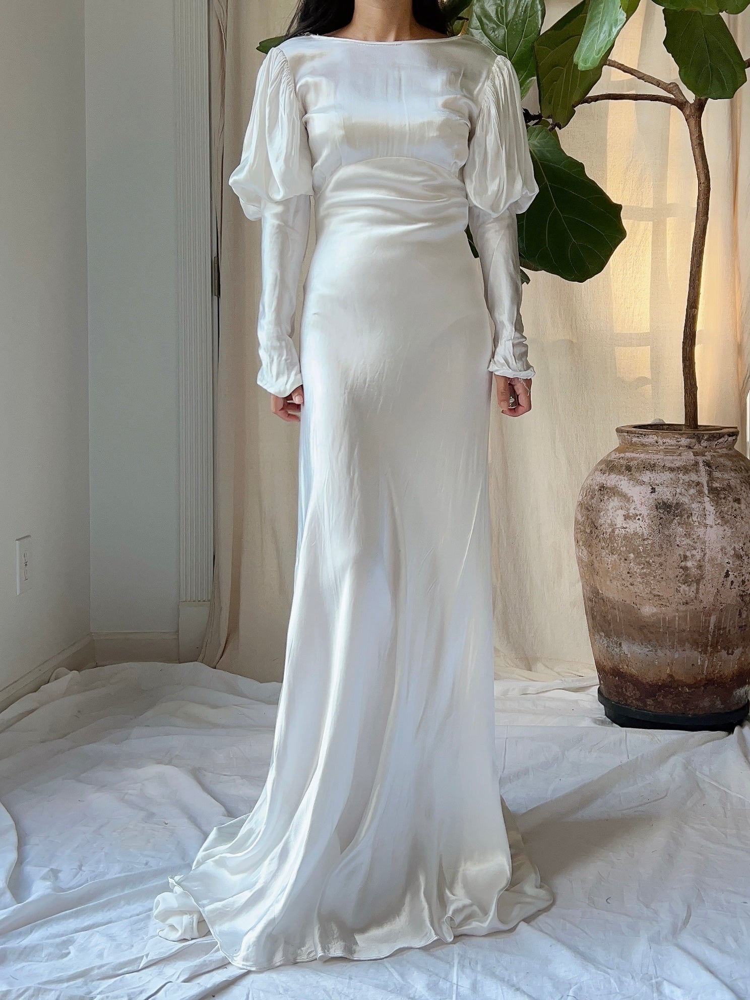 1930s Satin Puff Sleeve Dress - XS