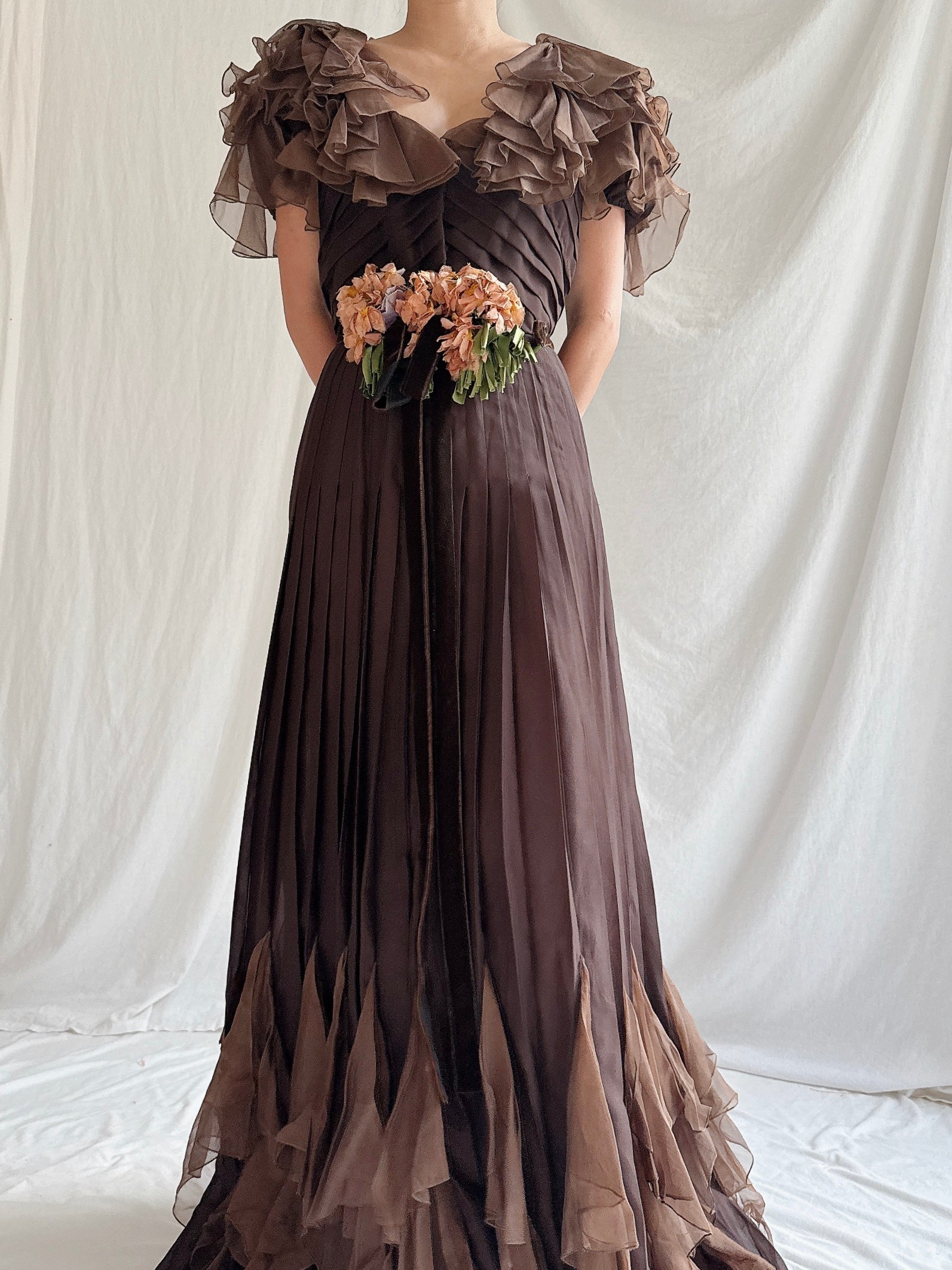 1930s Silk Chiffon and Organza Gown - S
