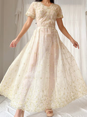 1940s Organdy Embroidered Dress - XS